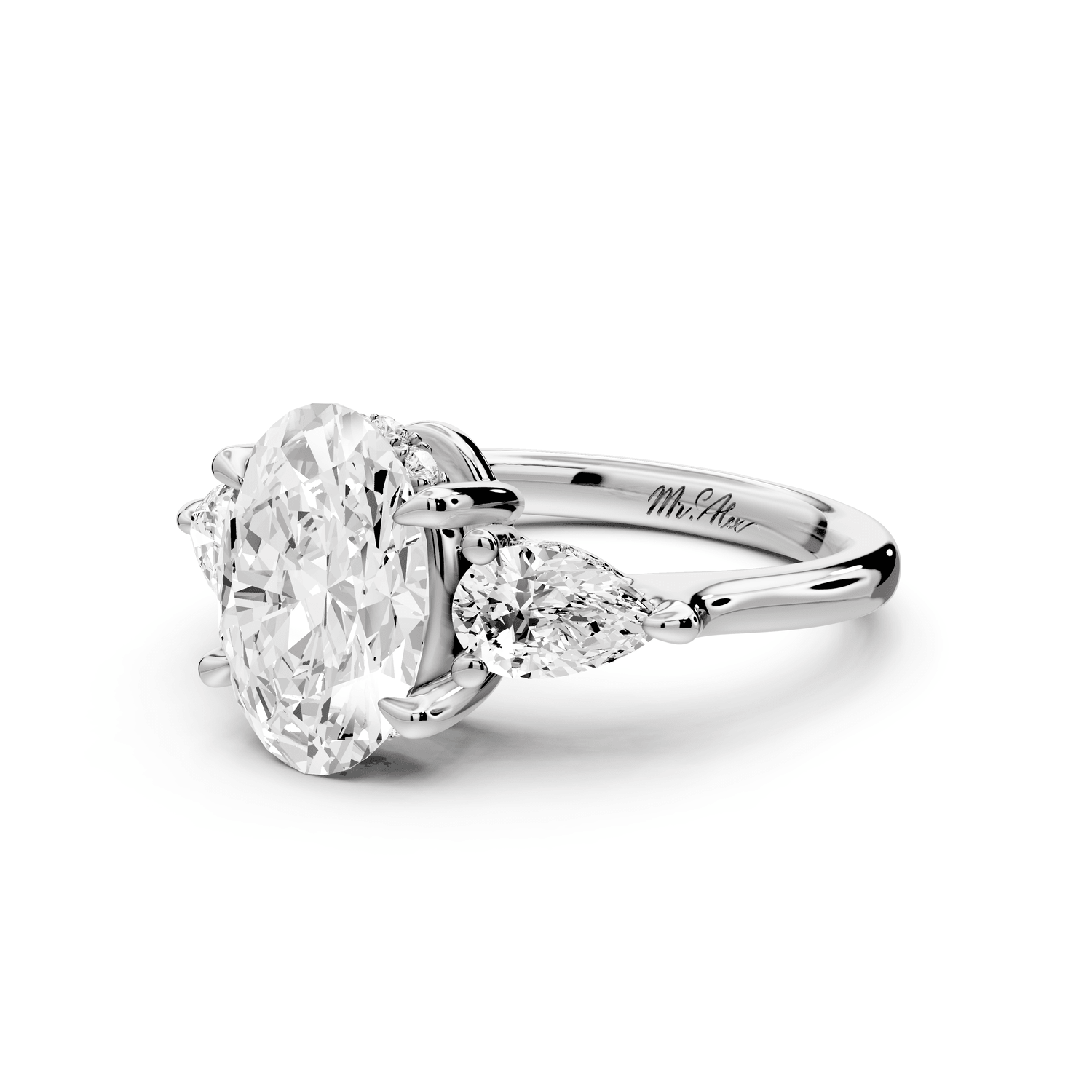 Stella - 2ct 18k white gold Three Stone oval with pears Hidden Halo Engagement Ring - Mr. Alex Jewelry