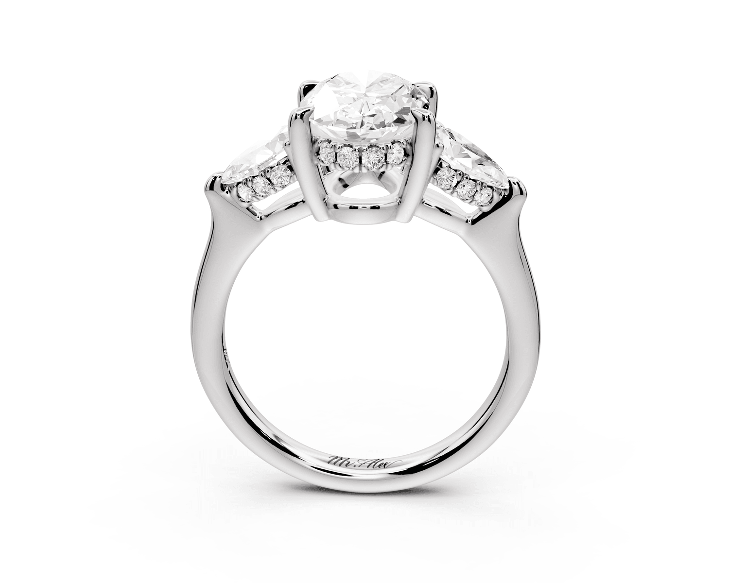 Stella - 2ct 18k white gold Three Stone oval with pears Hidden Halo Engagement Ring - Mr. Alex Jewelry