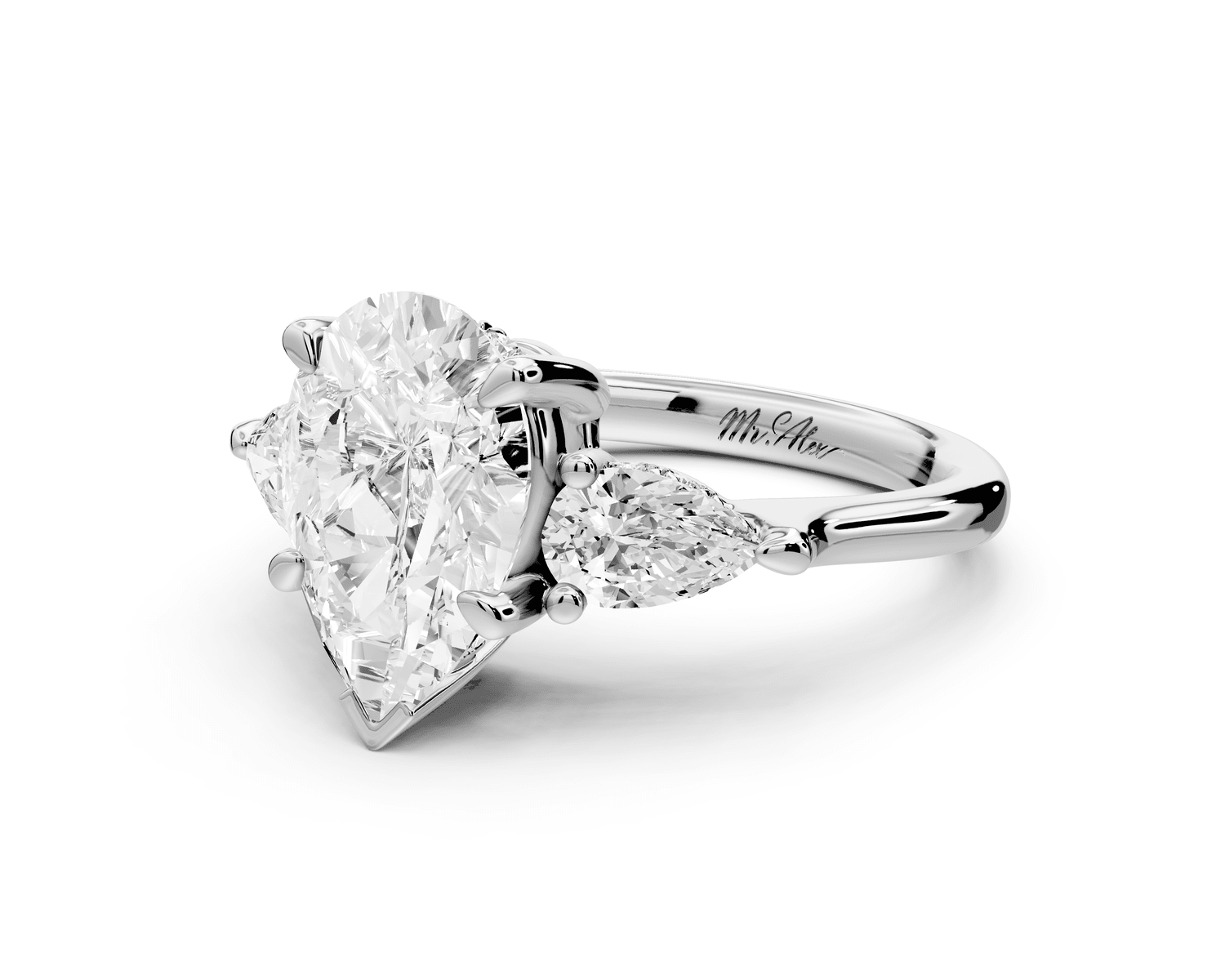 Stella - 2ct 18k white gold Three Stone pear with pears Hidden Halo Engagement Ring - Mr. Alex Jewelry