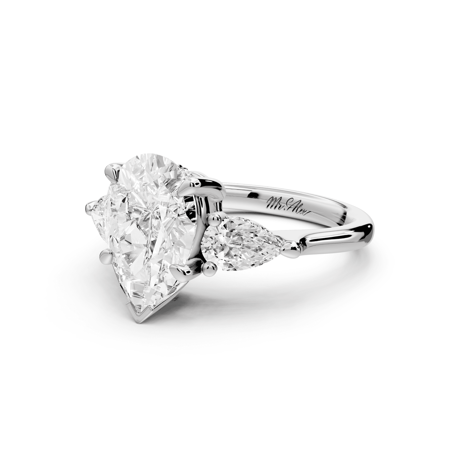 Stella - 2ct 18k white gold Three Stone pear with pears Hidden Halo Engagement Ring - Mr. Alex Jewelry