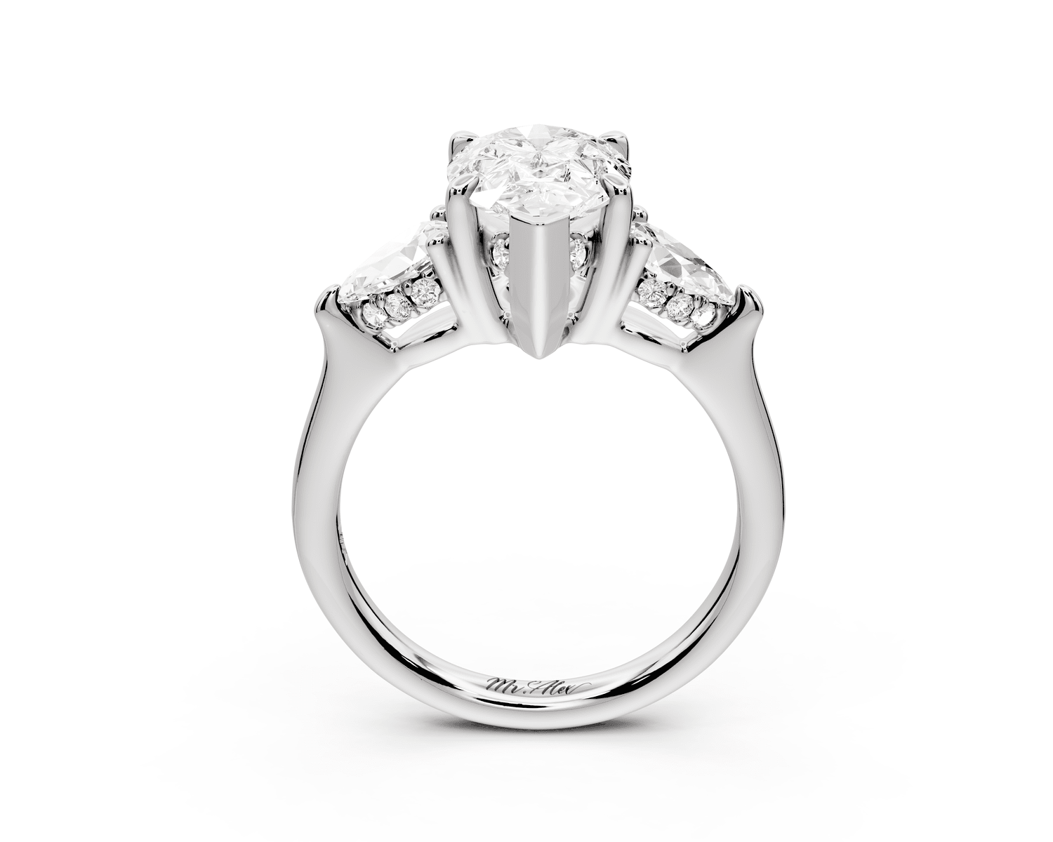 Stella - 2ct 18k white gold Three Stone pear with pears Hidden Halo Engagement Ring - Mr. Alex Jewelry