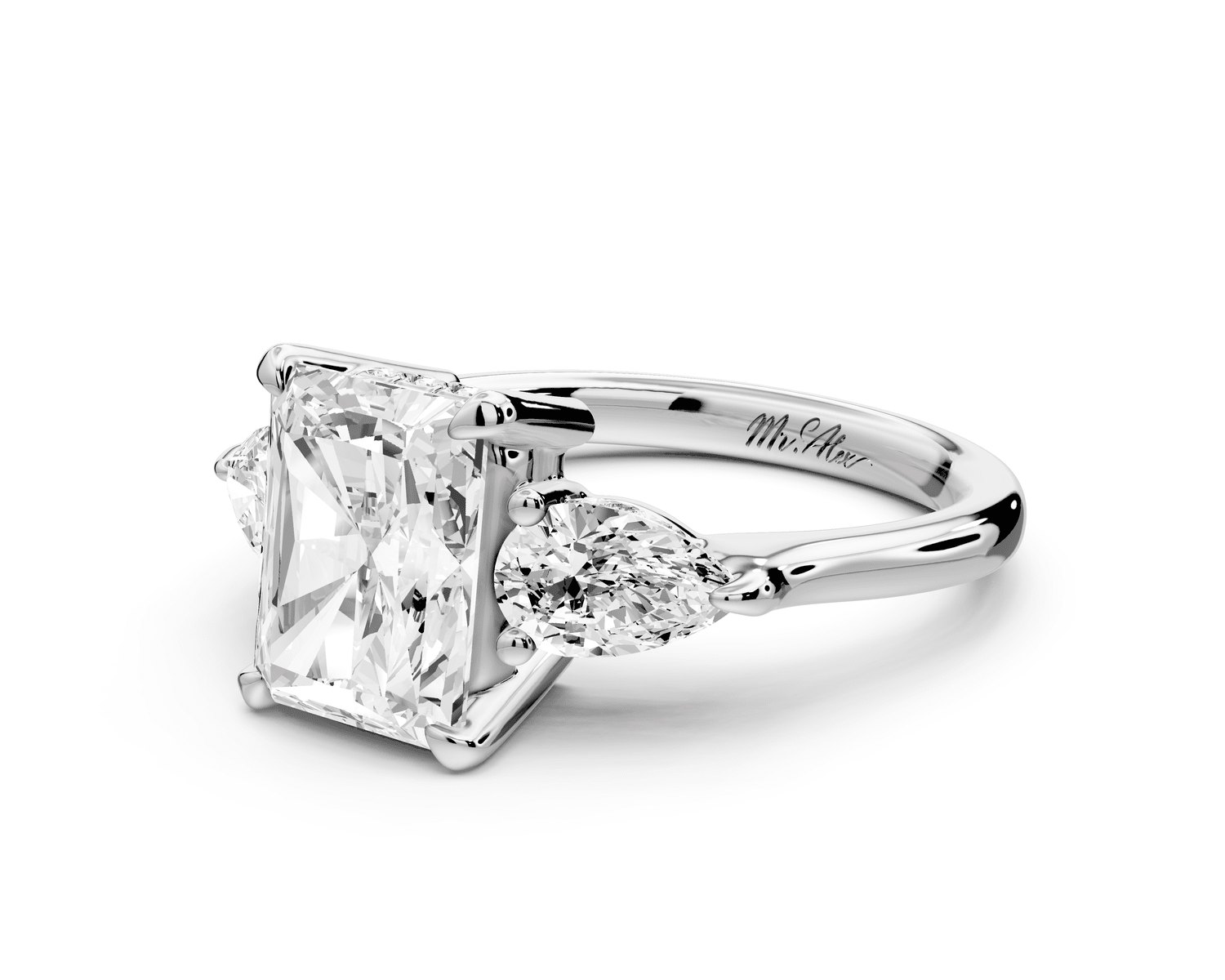 Stella - 2ct 18k white gold Three Stone radiant with pears Hidden Halo Engagement Ring - Mr. Alex Jewelry