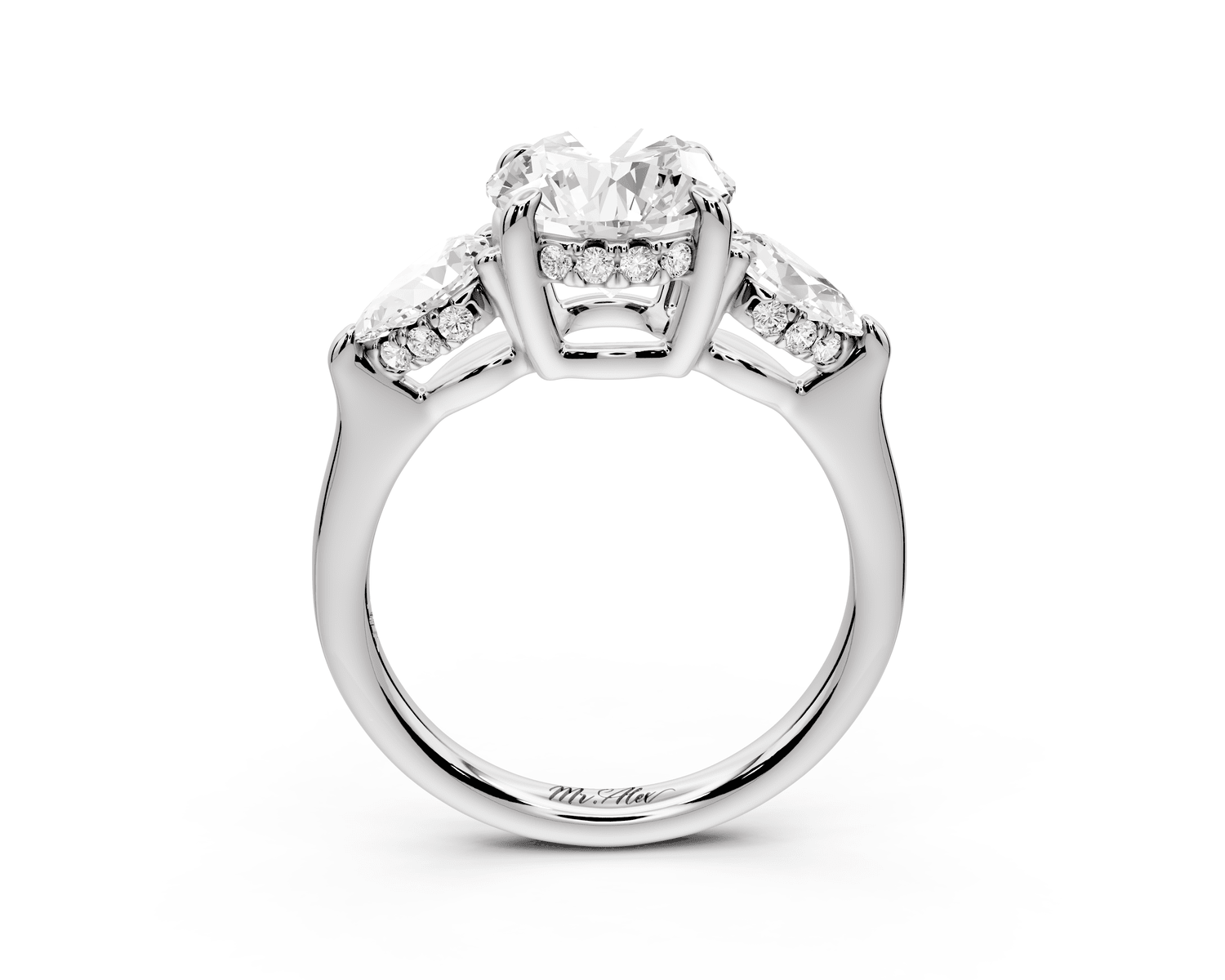 Stella - 2ct 18k white gold Three Stone round with pears Hidden Halo Engagement Ring - Mr. Alex Jewelry