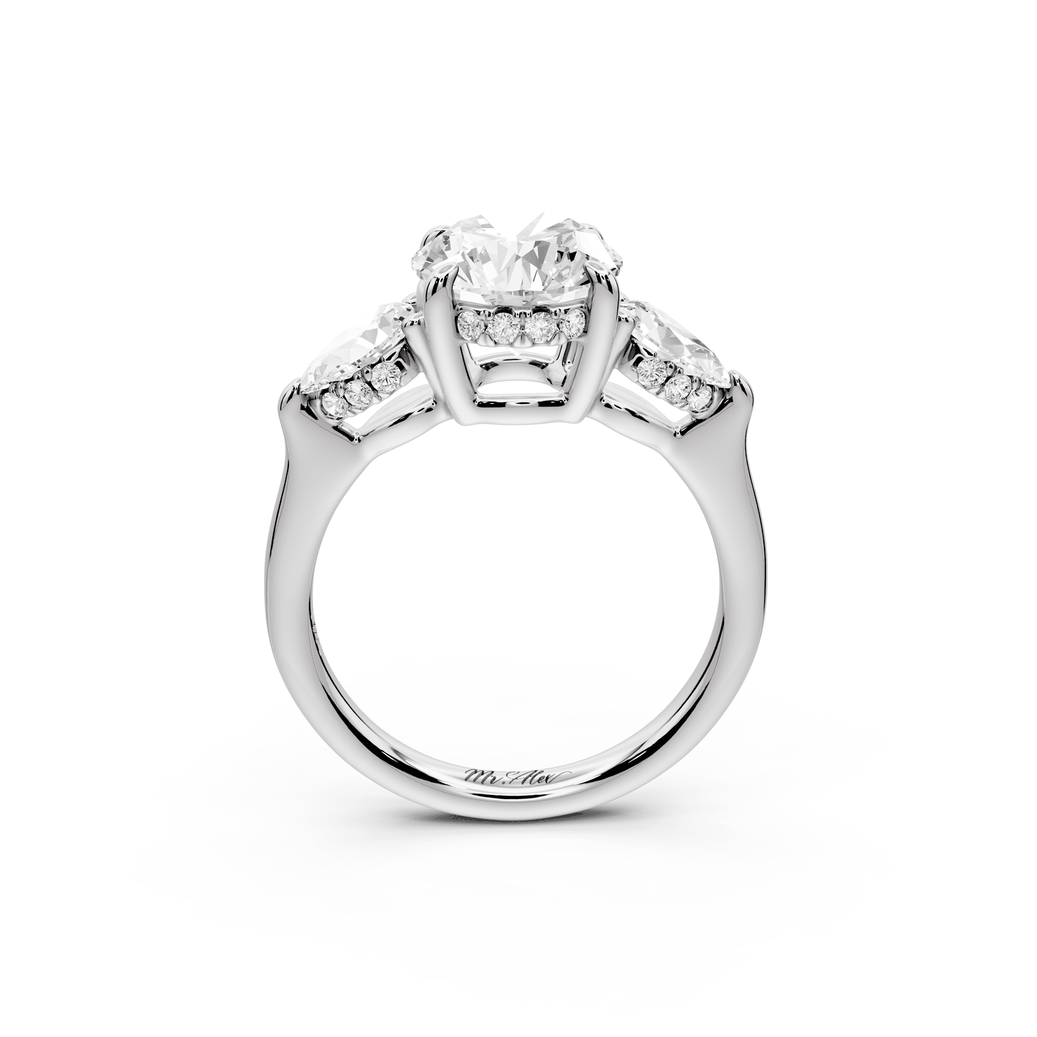Stella - 2ct 18k white gold Three Stone round with pears Hidden Halo Engagement Ring - Mr. Alex Jewelry