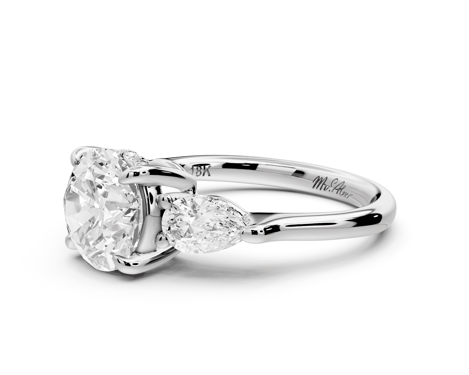 Stella - 2ct 18k white gold Three Stone round with pears Hidden Halo Engagement Ring - Mr. Alex Jewelry