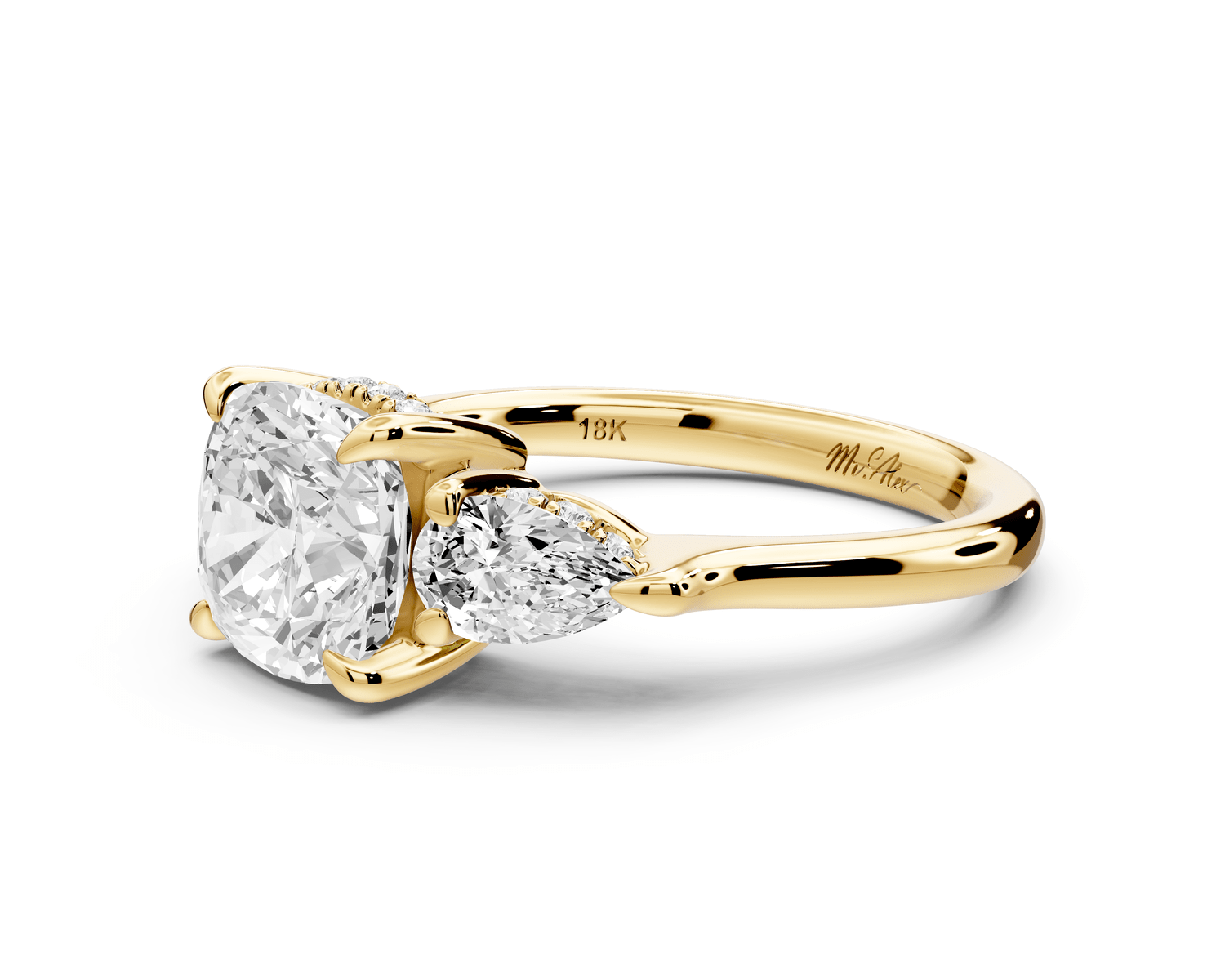 Stella - 2ct 18k yellow gold Three Stone cushion with pears Hidden Halo Engagement Ring - Mr. Alex Jewelry