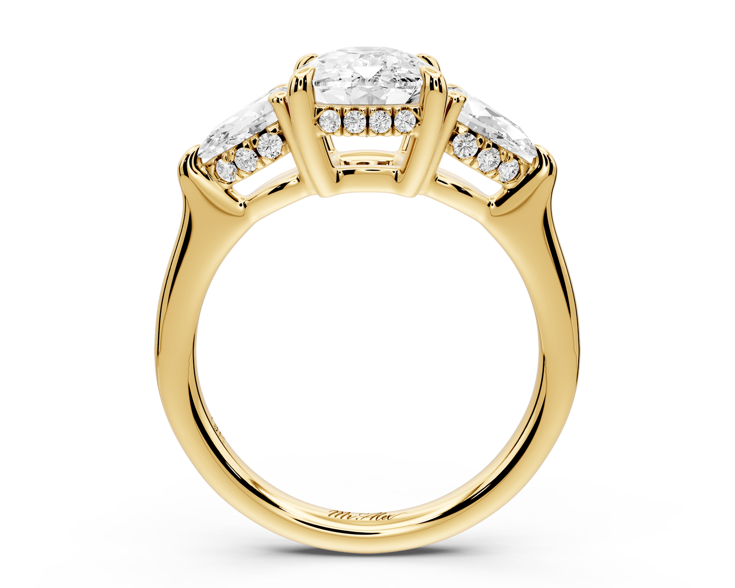 Stella - 2ct 18k yellow gold Three Stone ecushion with pears Hidden Halo Engagement Ring - Mr. Alex Jewelry