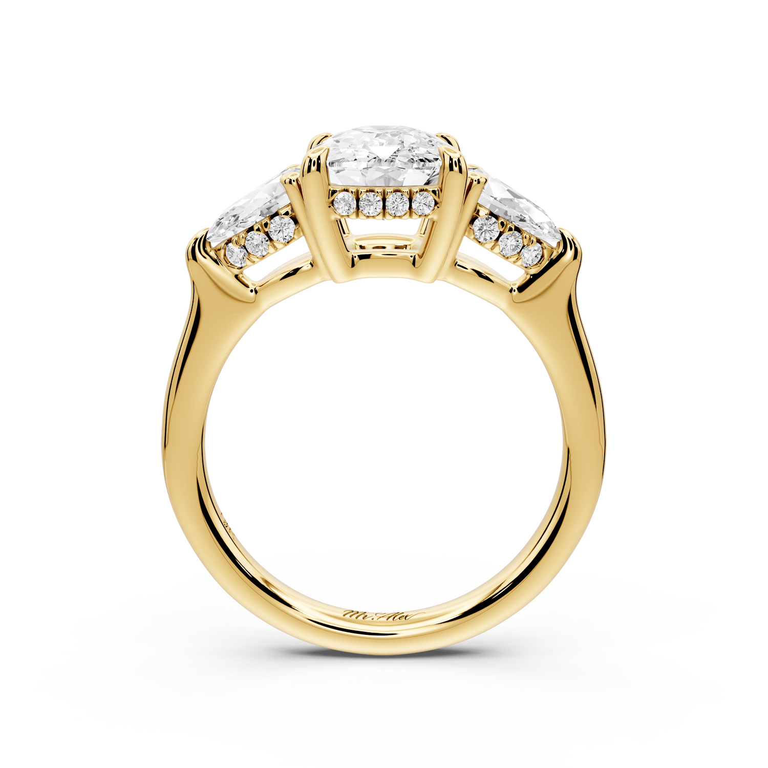 Stella - 2ct 18k yellow gold Three Stone ecushion with pears Hidden Halo Engagement Ring - Mr. Alex Jewelry