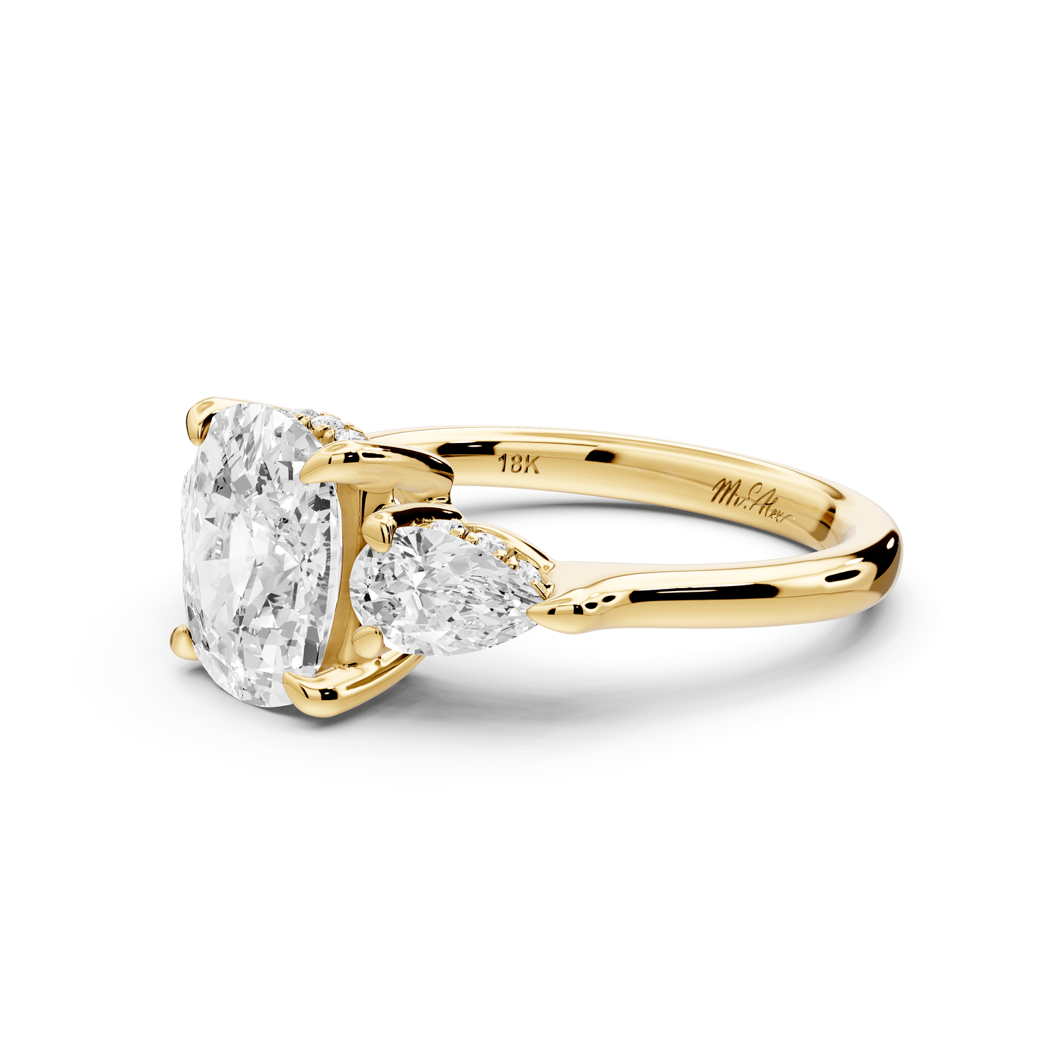 Stella - 2ct 18k yellow gold Three Stone ecushion with pears Hidden Halo Engagement Ring - Mr. Alex Jewelry