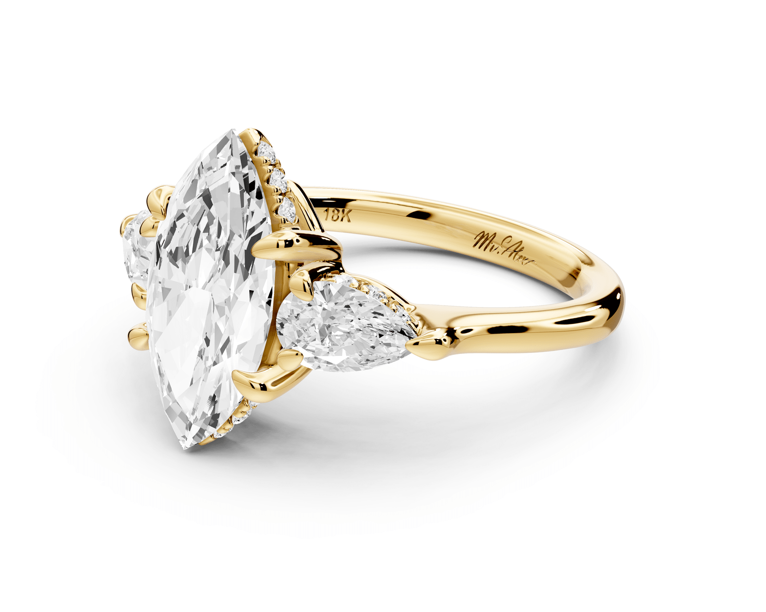Stella - 2ct 18k yellow gold Three Stone marquise with pears Hidden Halo Engagement Ring - Mr. Alex Jewelry