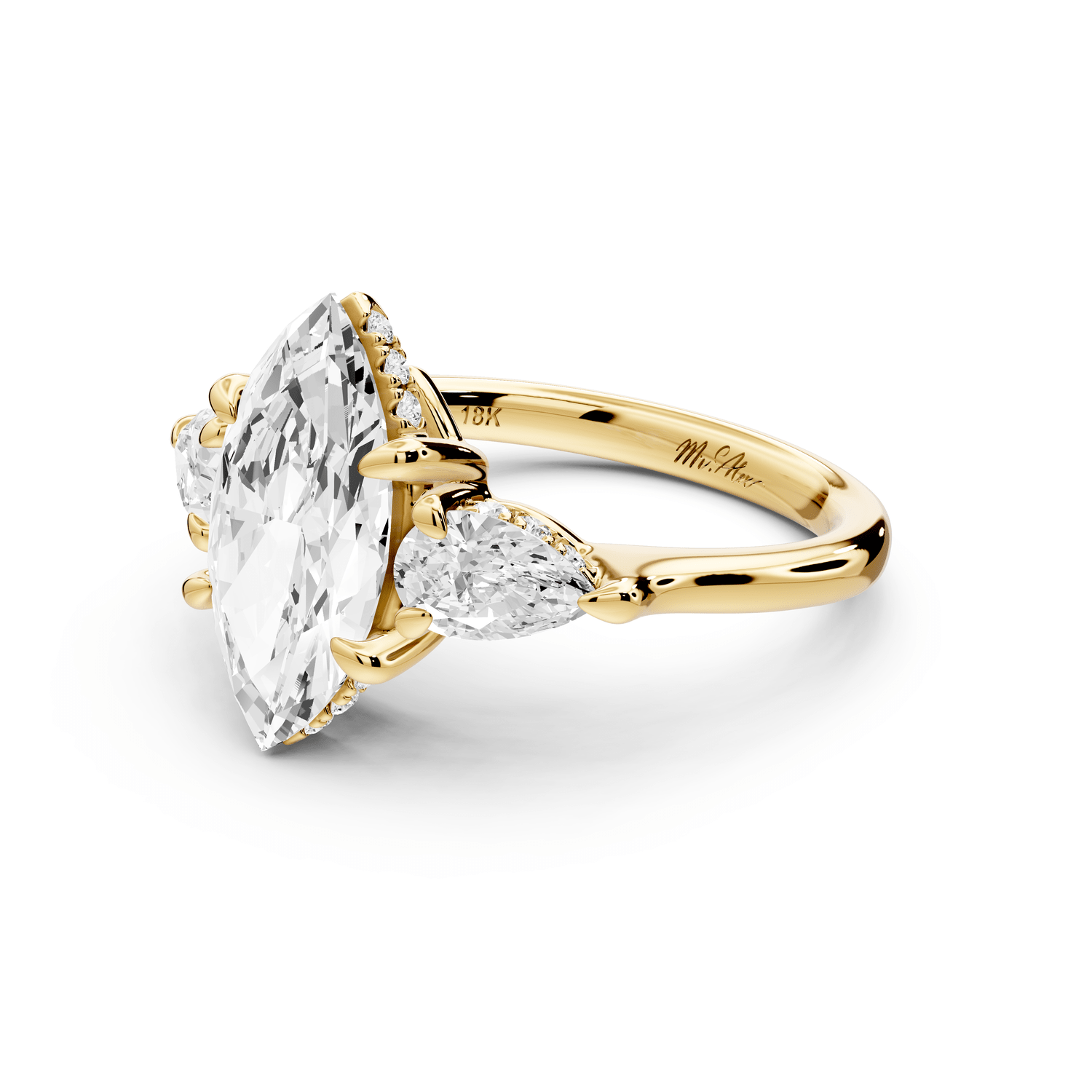 Stella - 2ct 18k yellow gold Three Stone marquise with pears Hidden Halo Engagement Ring - Mr. Alex Jewelry