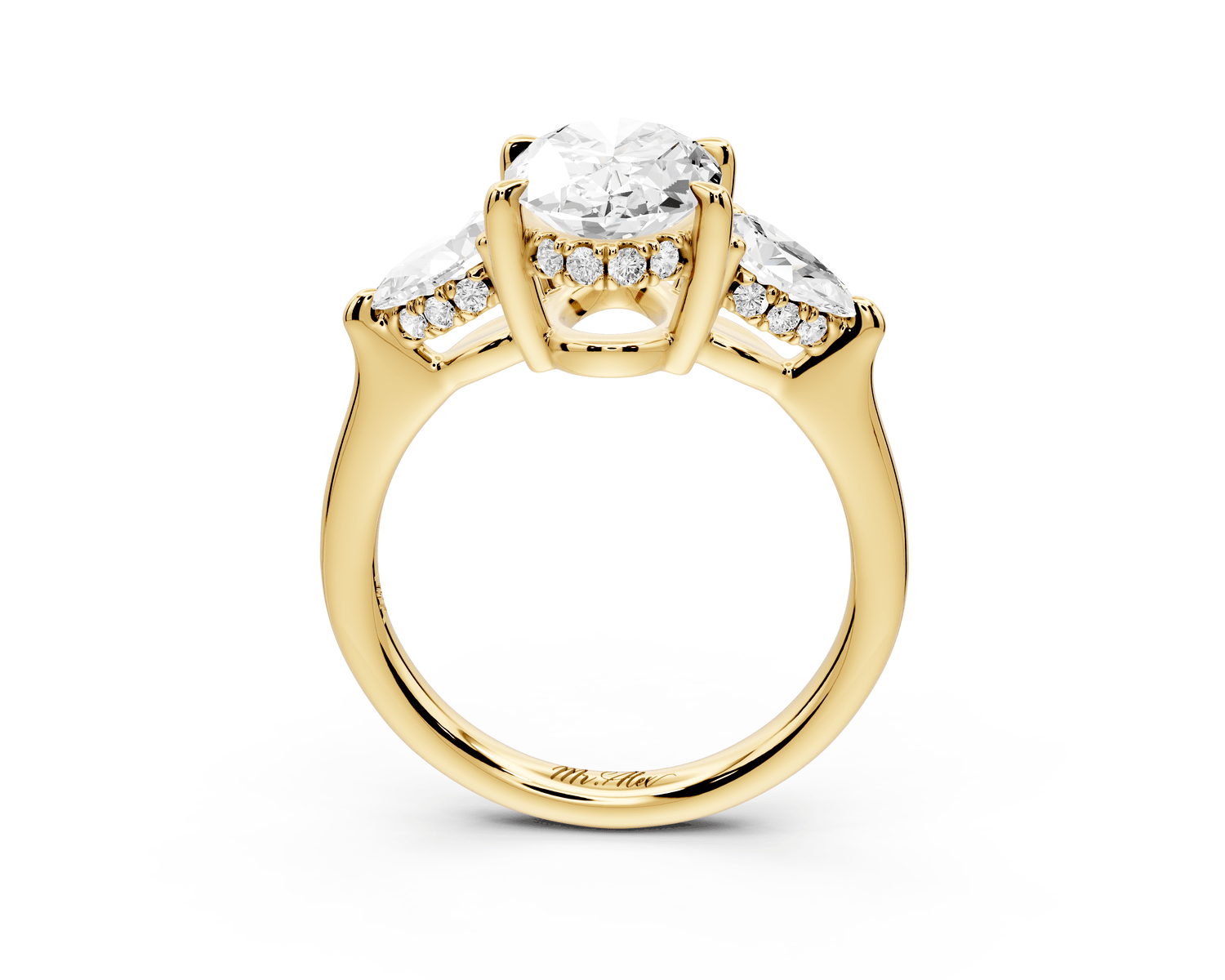 Stella - 2ct 18k yellow gold Three Stone oval with pears Hidden Halo Engagement Ring - Mr. Alex Jewelry