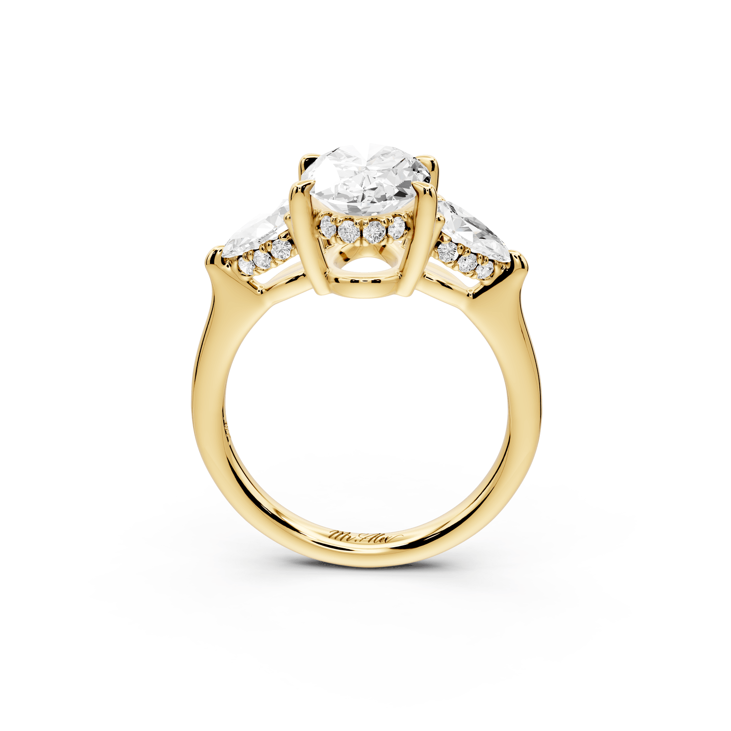 Stella - 2ct 18k yellow gold Three Stone oval with pears Hidden Halo Engagement Ring - Mr. Alex Jewelry