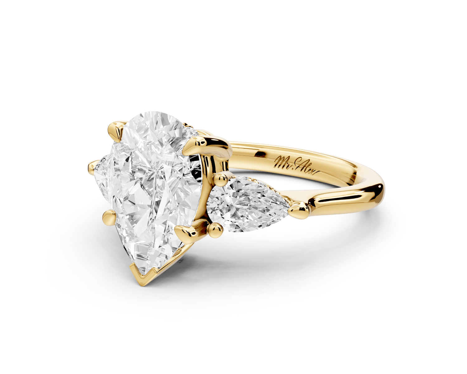 Stella - 2ct 18k yellow gold Three Stone pear with pears Hidden Halo Engagement Ring - Mr. Alex Jewelry