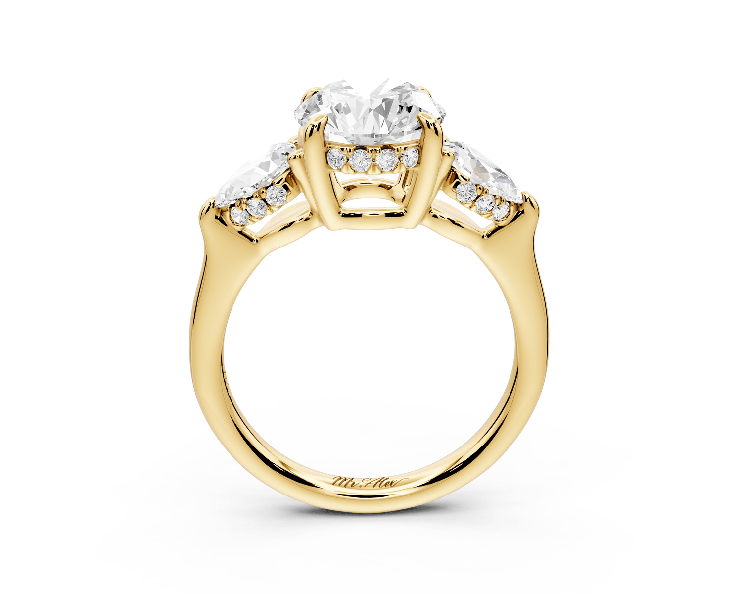Stella - 2ct 18k yellow gold Three Stone round with pears Hidden Halo Engagement Ring - Mr. Alex Jewelry