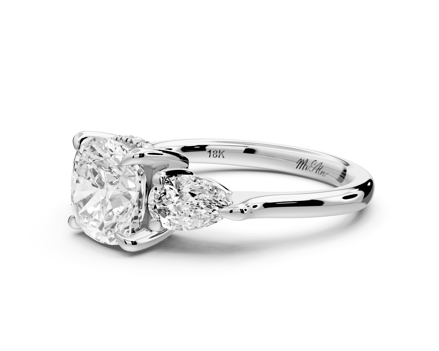 Stella - 2ct platinum Three Stone cushion with pears Hidden Halo Engagement Ring - Mr. Alex Jewelry