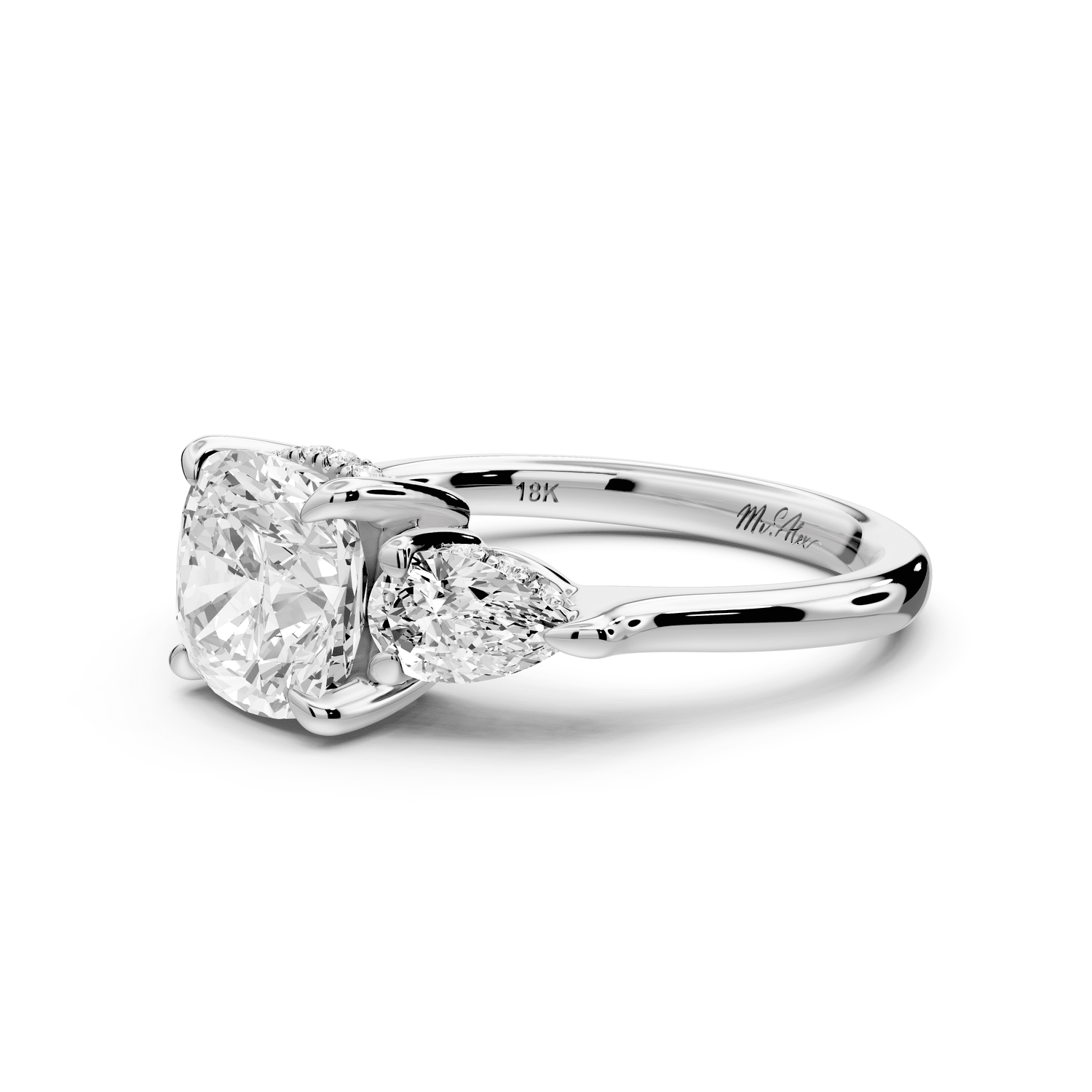 Stella - 2ct platinum Three Stone cushion with pears Hidden Halo Engagement Ring - Mr. Alex Jewelry