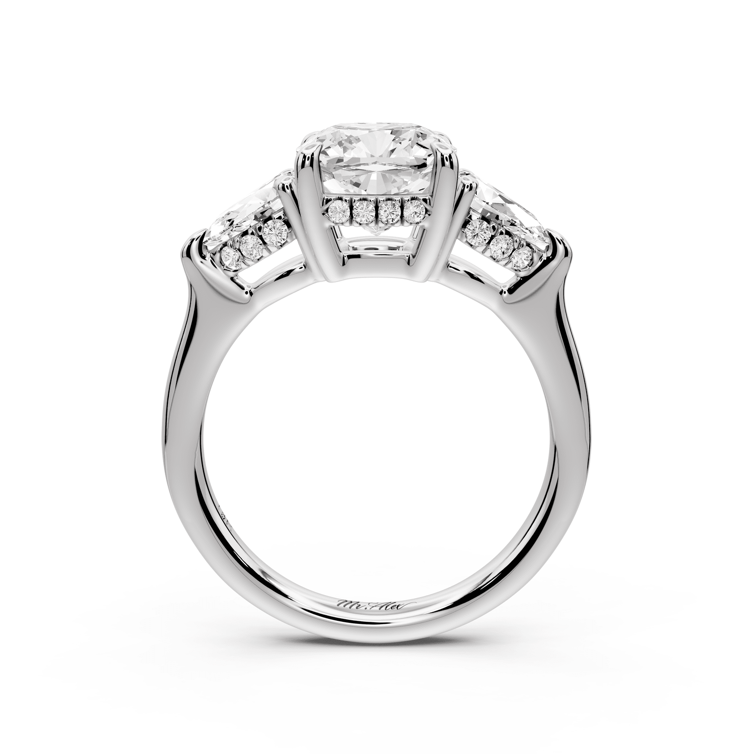 Stella - 2ct platinum Three Stone cushion with pears Hidden Halo Engagement Ring - Mr. Alex Jewelry