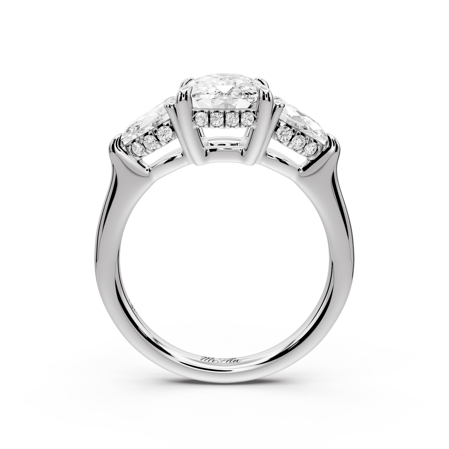 Stella - 2ct platinum Three Stone ecushion with pears Hidden Halo Engagement Ring - Mr. Alex Jewelry