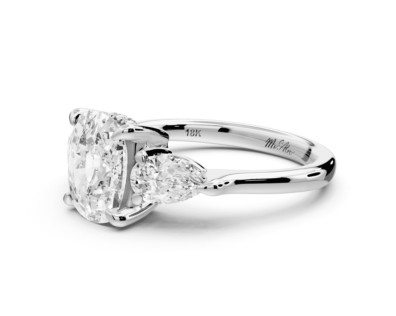 Stella - 2ct platinum Three Stone ecushion with pears Hidden Halo Engagement Ring - Mr. Alex Jewelry
