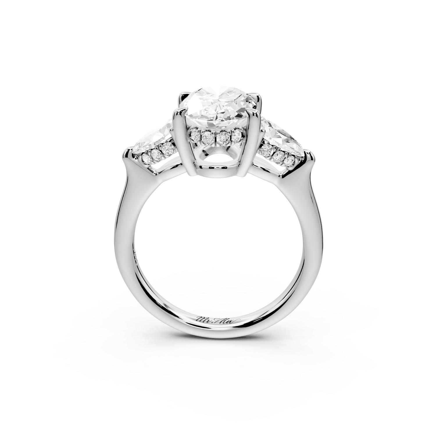 Stella - 2ct platinum Three Stone oval with pears Hidden Halo Engagement Ring - Mr. Alex Jewelry