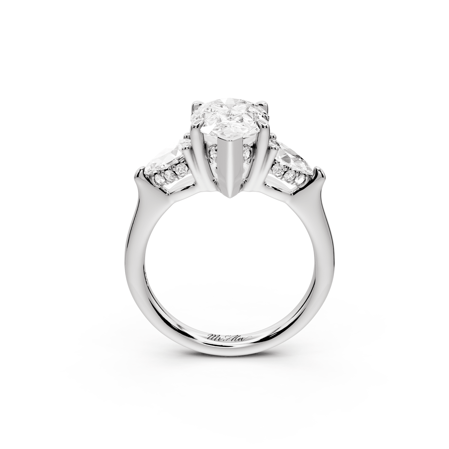 Stella - 2ct platinum Three Stone pear with pears Hidden Halo Engagement Ring - Mr. Alex Jewelry