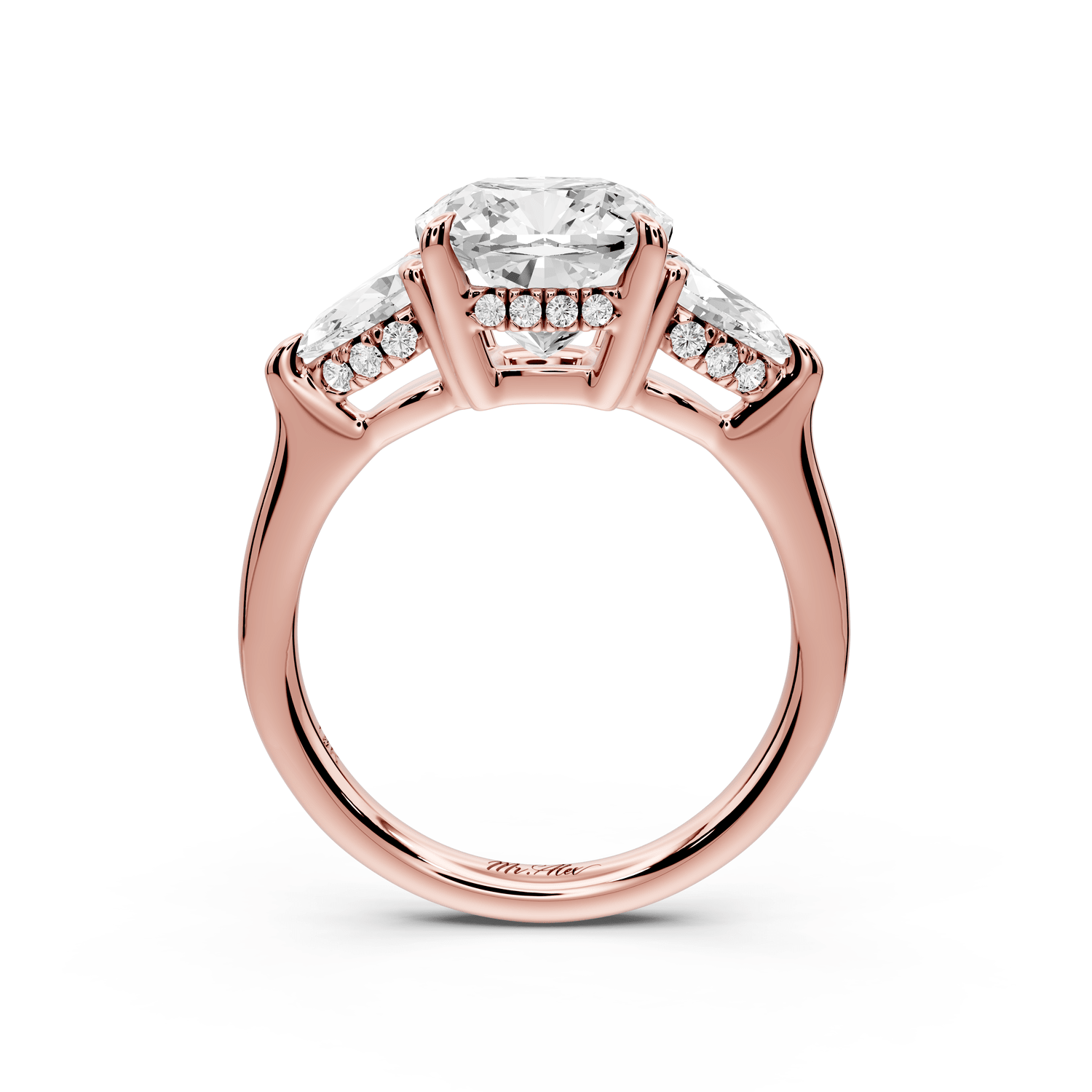 Stella - 3ct 14k rose gold Three Stone cushion with pears Hidden Halo Engagement Ring - Mr. Alex Jewelry