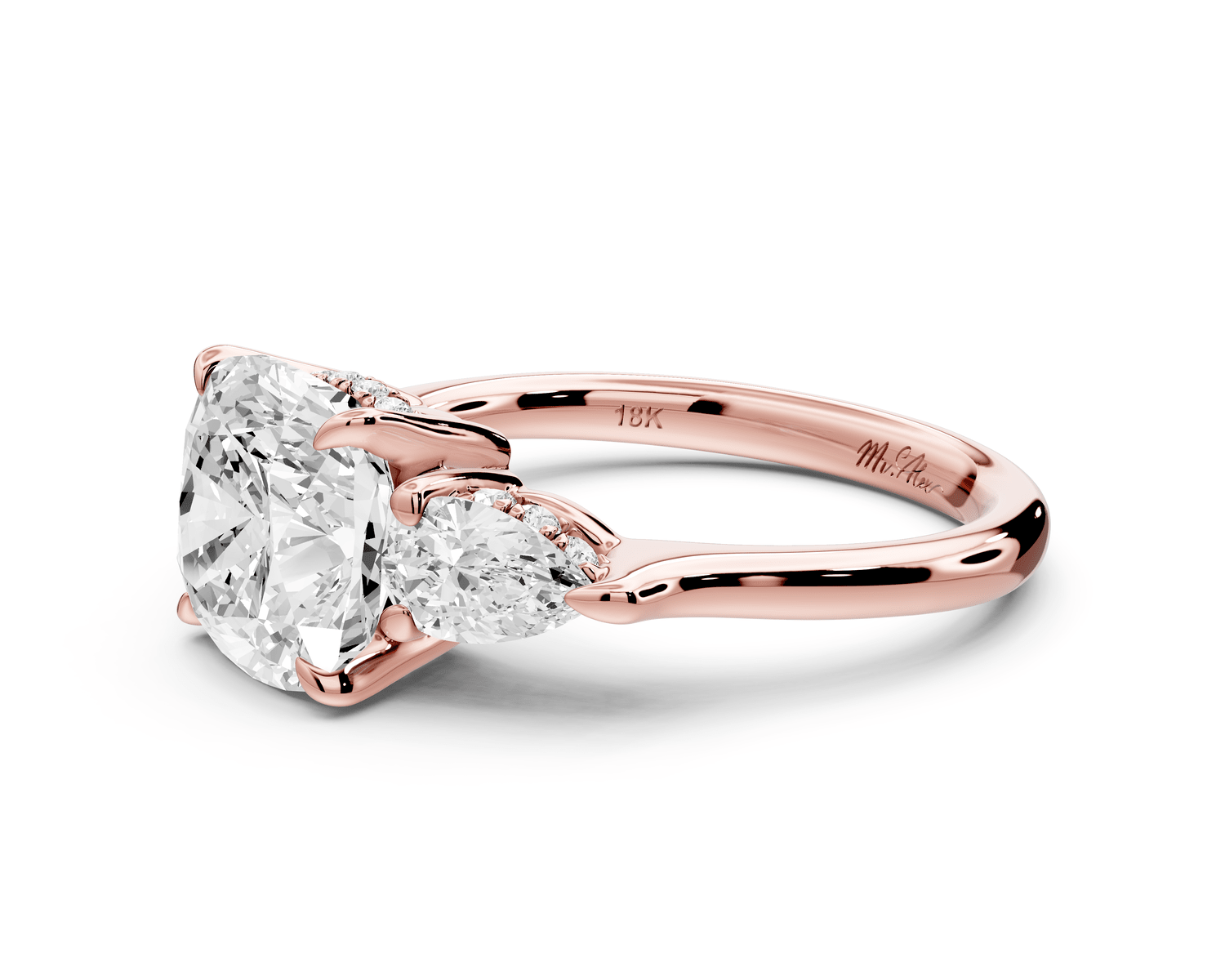 Stella - 3ct 14k rose gold Three Stone cushion with pears Hidden Halo Engagement Ring - Mr. Alex Jewelry
