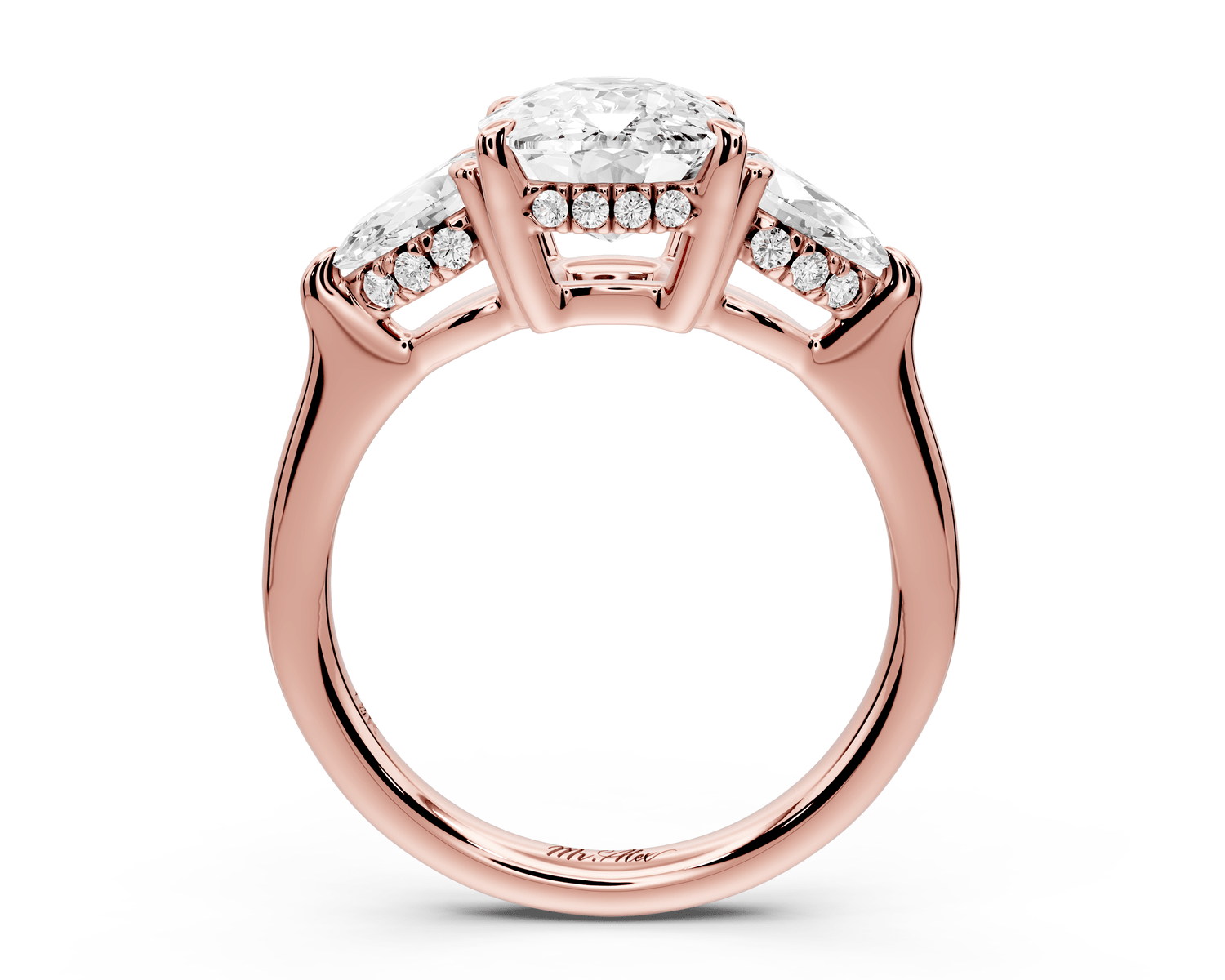 Stella - 3ct 14k rose gold Three Stone ecushion with pears Hidden Halo Engagement Ring - Mr. Alex Jewelry