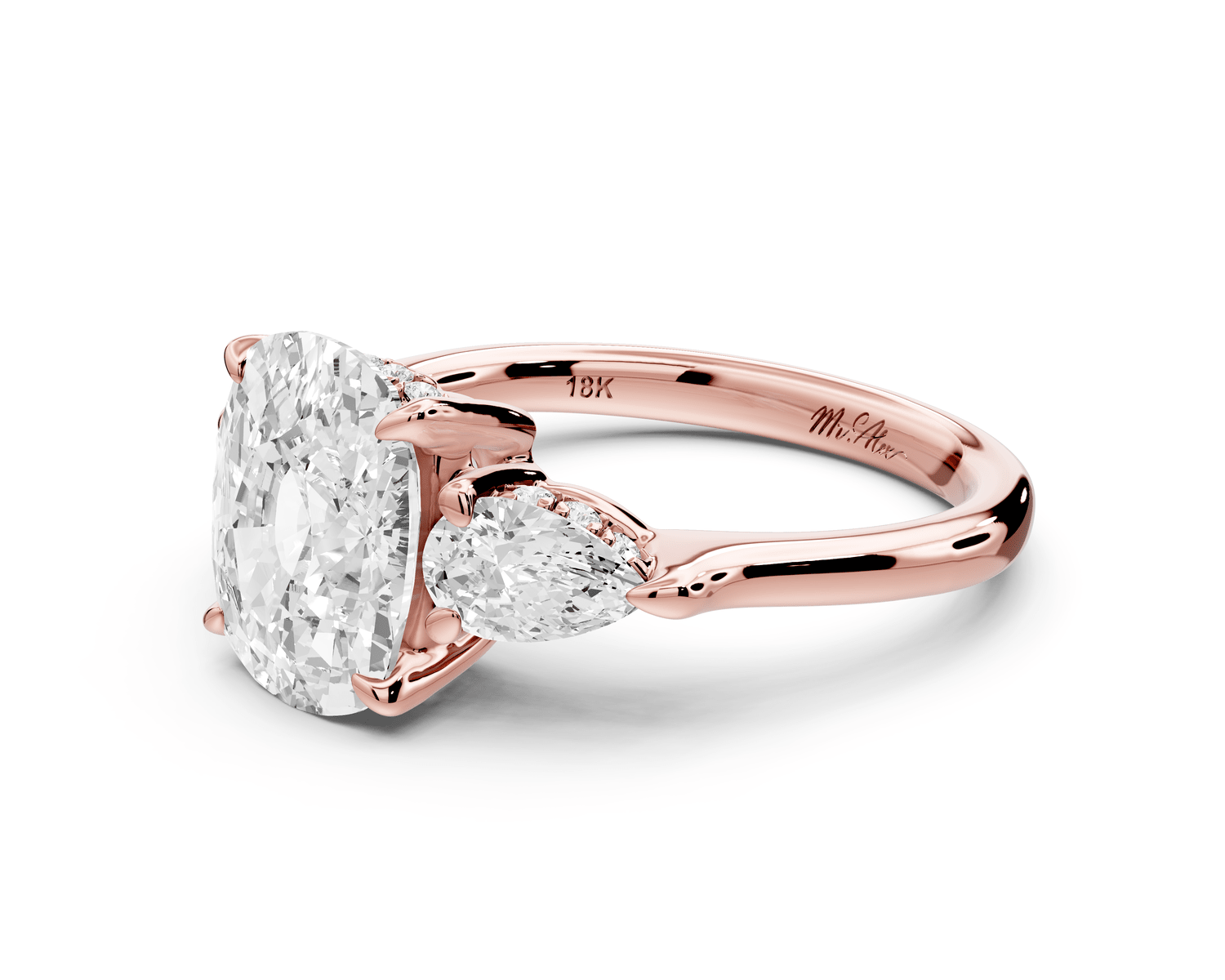 Stella - 3ct 14k rose gold Three Stone ecushion with pears Hidden Halo Engagement Ring - Mr. Alex Jewelry