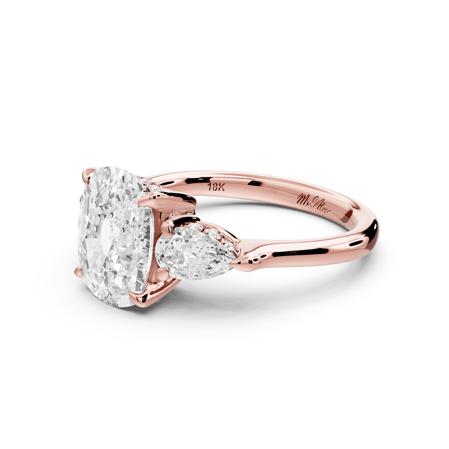 Stella - 3ct 14k rose gold Three Stone ecushion with pears Hidden Halo Engagement Ring - Mr. Alex Jewelry
