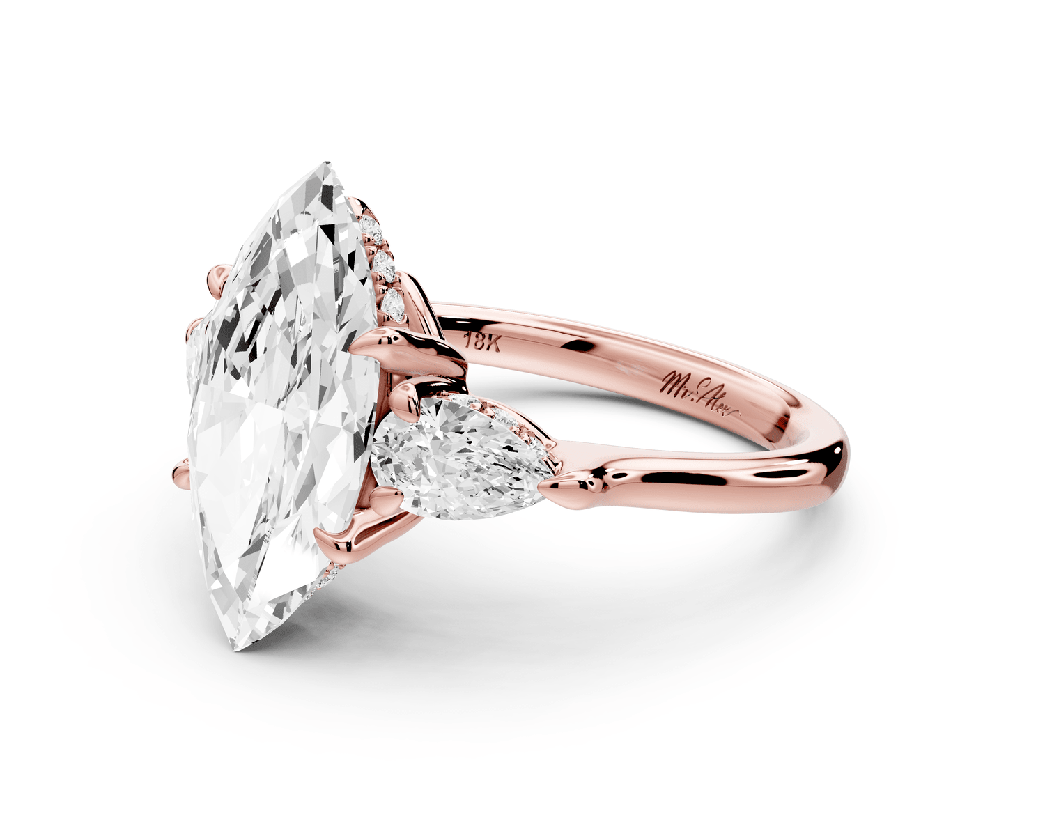 Stella - 3ct 14k rose gold Three Stone marquise with pears Hidden Halo Engagement Ring - Mr. Alex Jewelry
