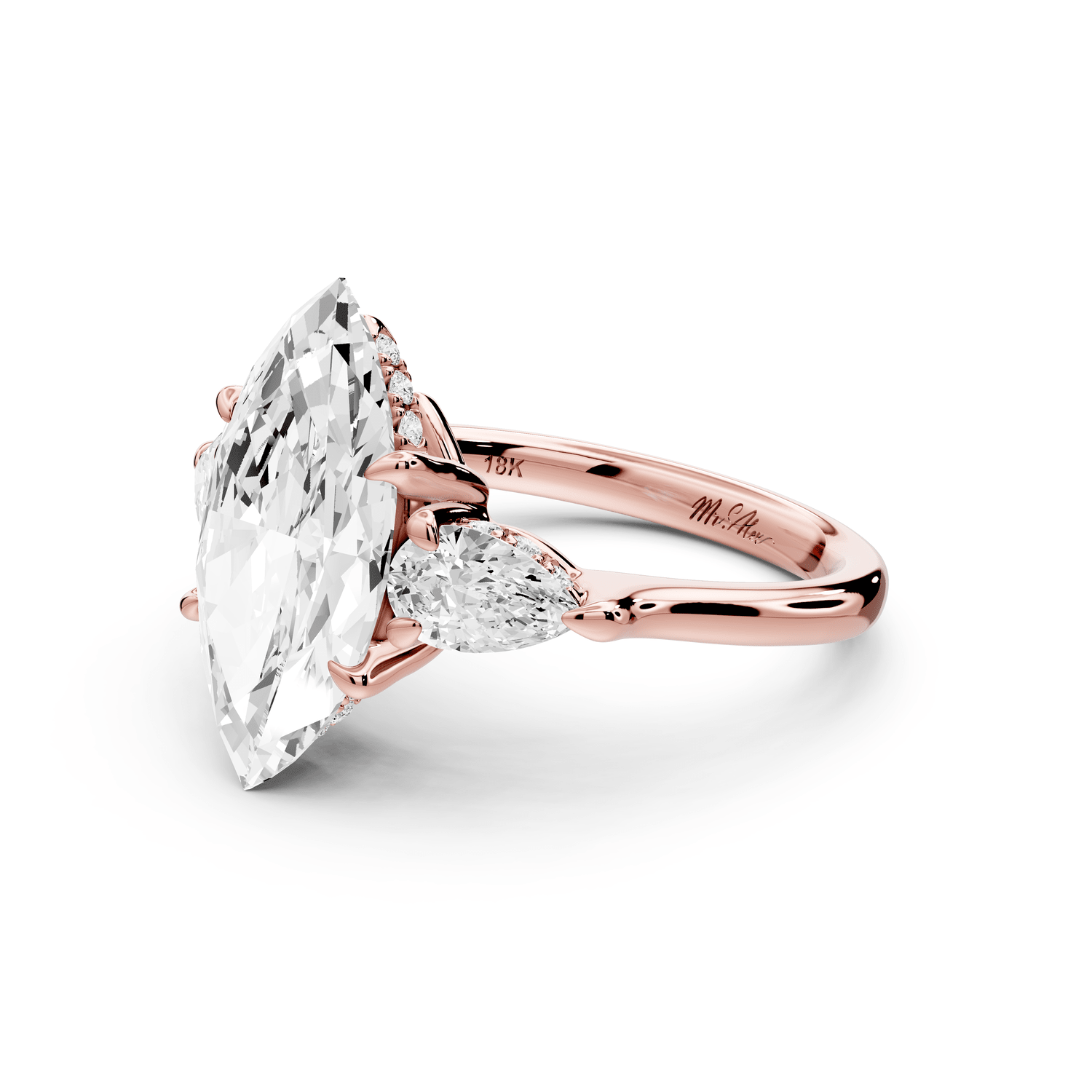 Stella - 3ct 14k rose gold Three Stone marquise with pears Hidden Halo Engagement Ring - Mr. Alex Jewelry