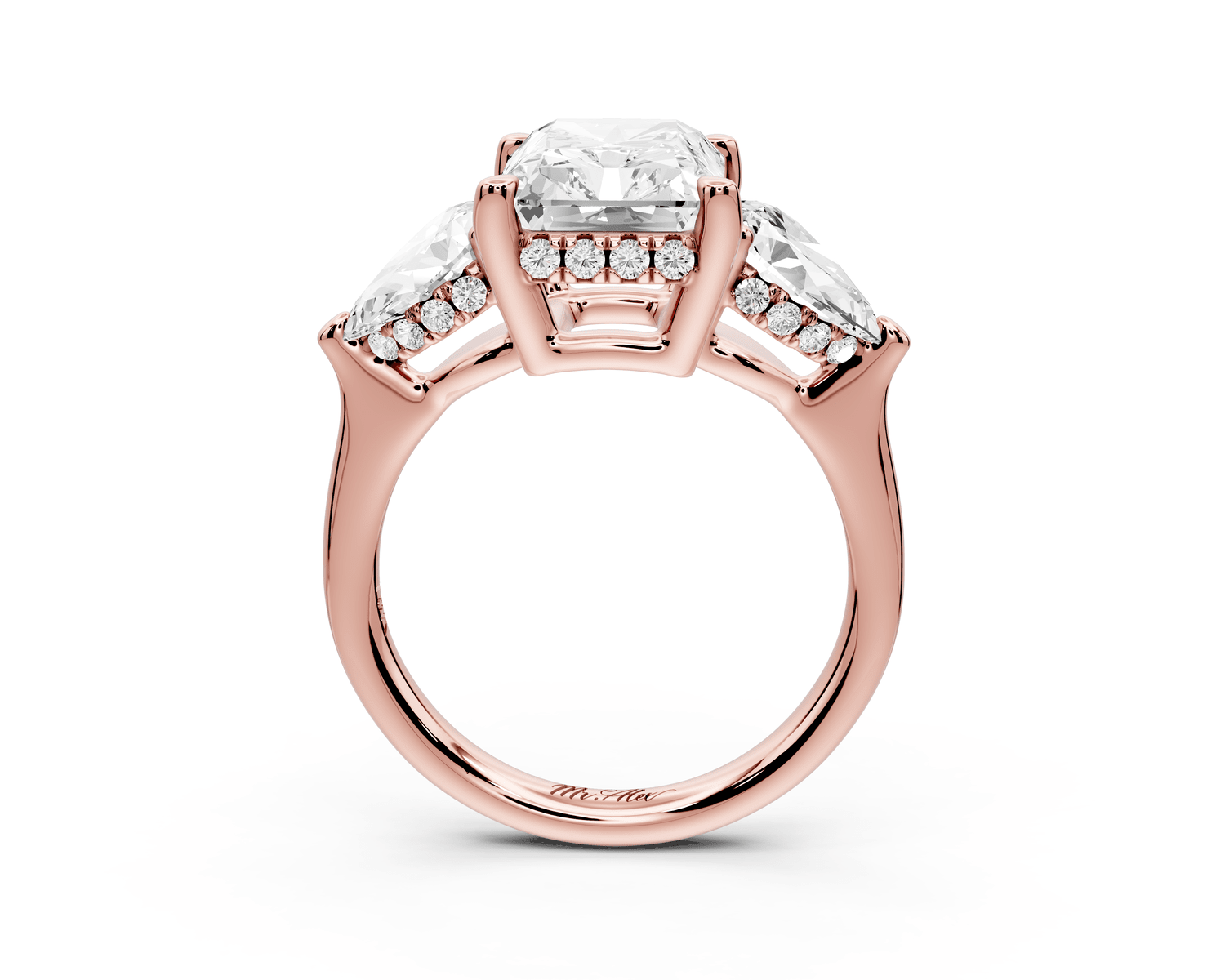 Stella - 3ct 14k rose gold Three Stone radiant with pears Hidden Halo Engagement Ring - Mr. Alex Jewelry