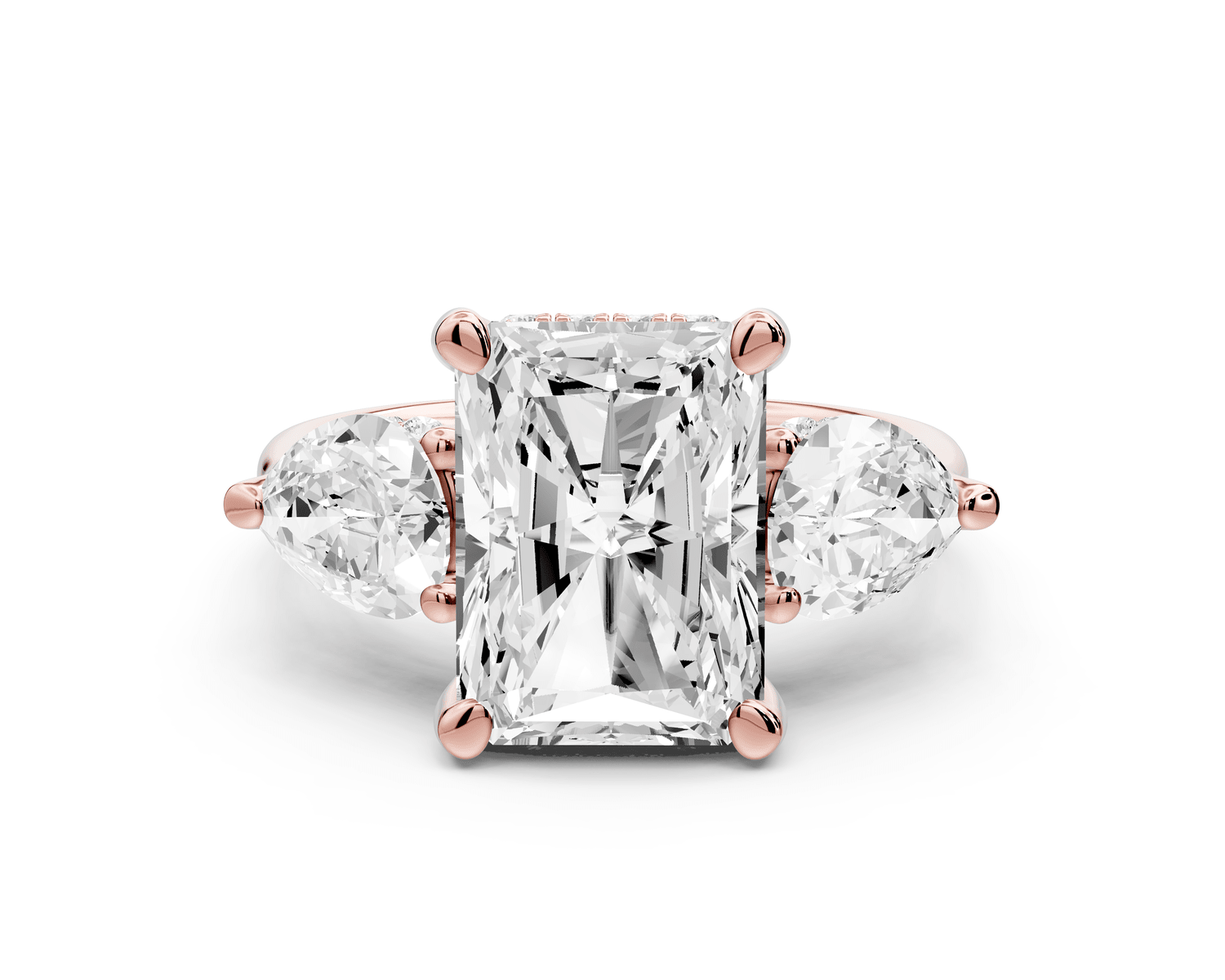 Stella - 3ct 14k rose gold Three Stone radiant with pears Hidden Halo Engagement Ring - Mr. Alex Jewelry