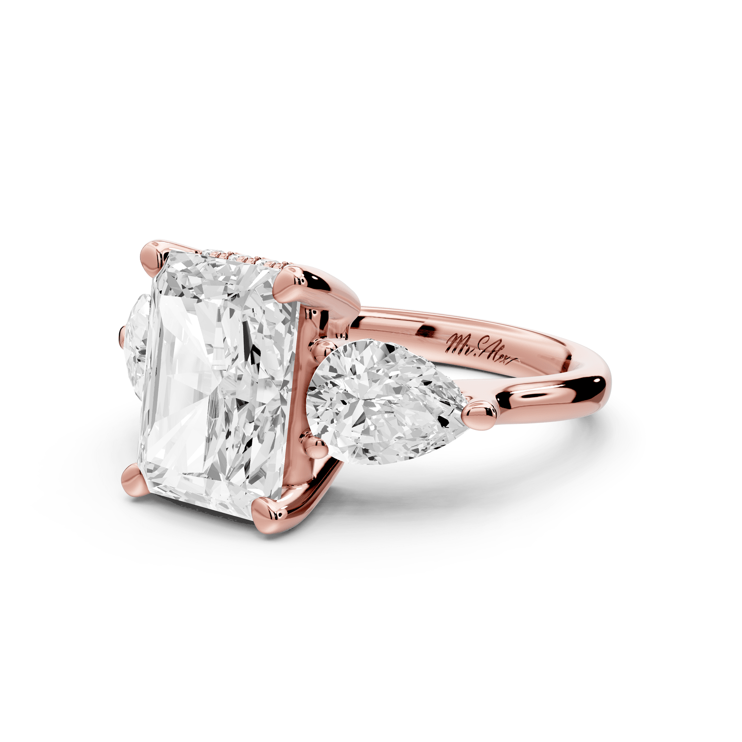 Stella - 3ct 14k rose gold Three Stone radiant with pears Hidden Halo Engagement Ring - Mr. Alex Jewelry