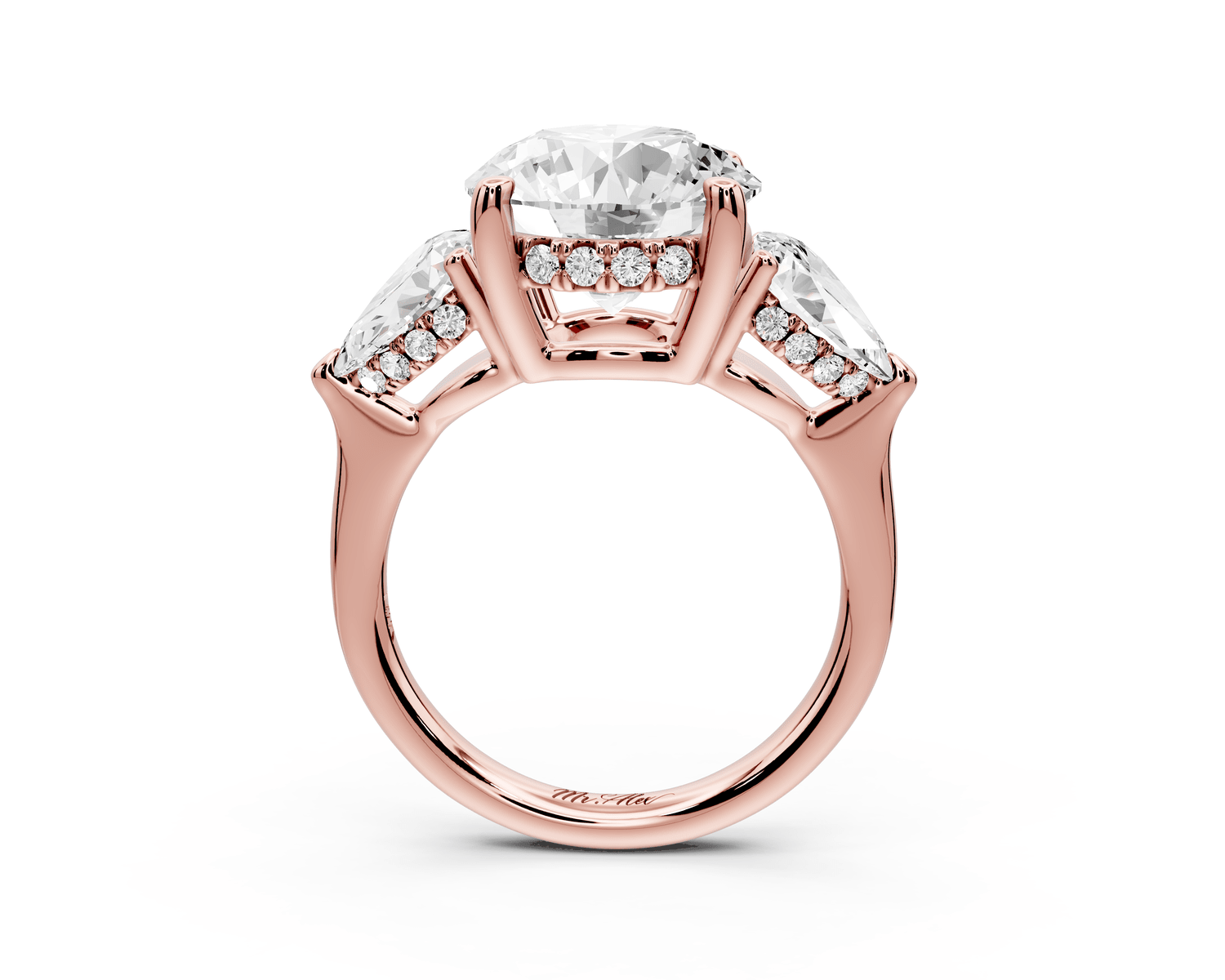 Stella - 3ct 14k rose gold Three Stone round with pears Hidden Halo Engagement Ring - Mr. Alex Jewelry