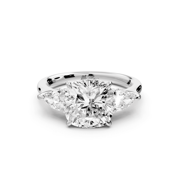 Stella - 3ct 14k white gold Three Stone cushion with pears Hidden Halo Engagement Ring - Mr. Alex Jewelry