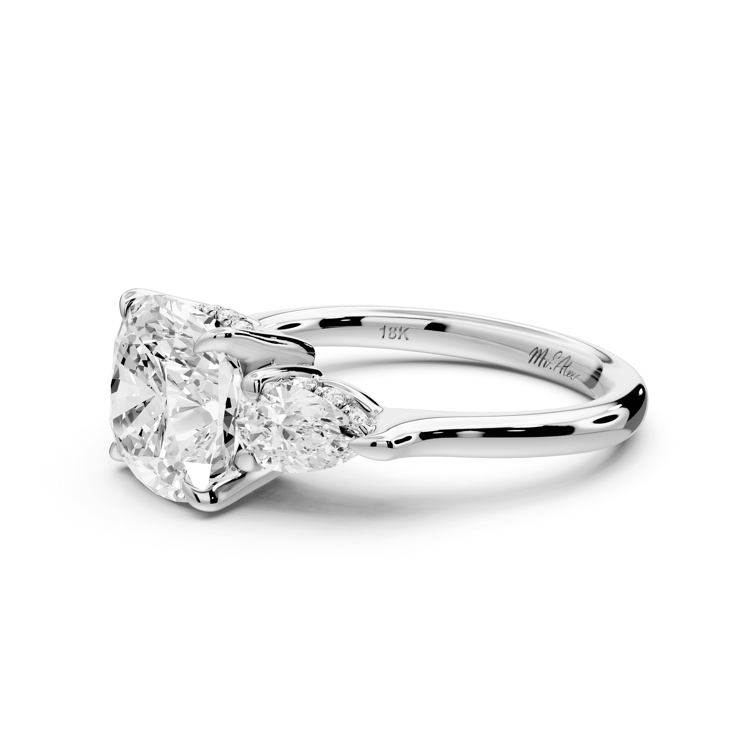 Stella - 3ct 14k white gold Three Stone cushion with pears Hidden Halo Engagement Ring - Mr. Alex Jewelry