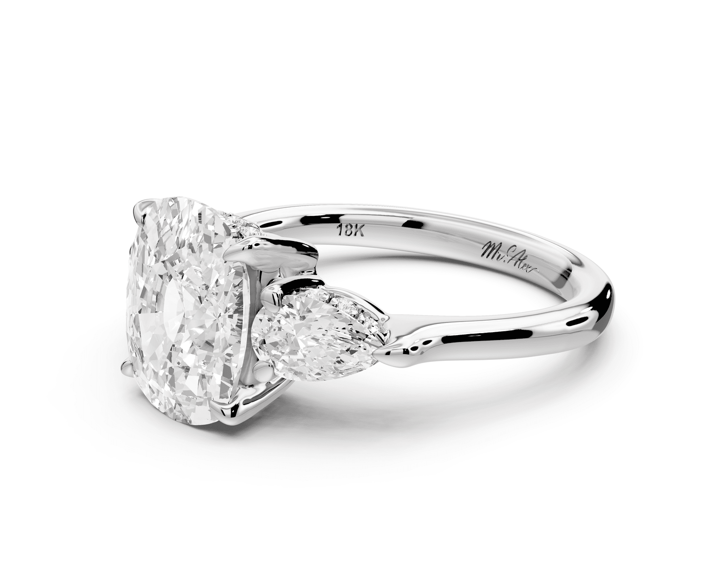 Stella - 3ct 14k white gold Three Stone ecushion with pears Hidden Halo Engagement Ring - Mr. Alex Jewelry