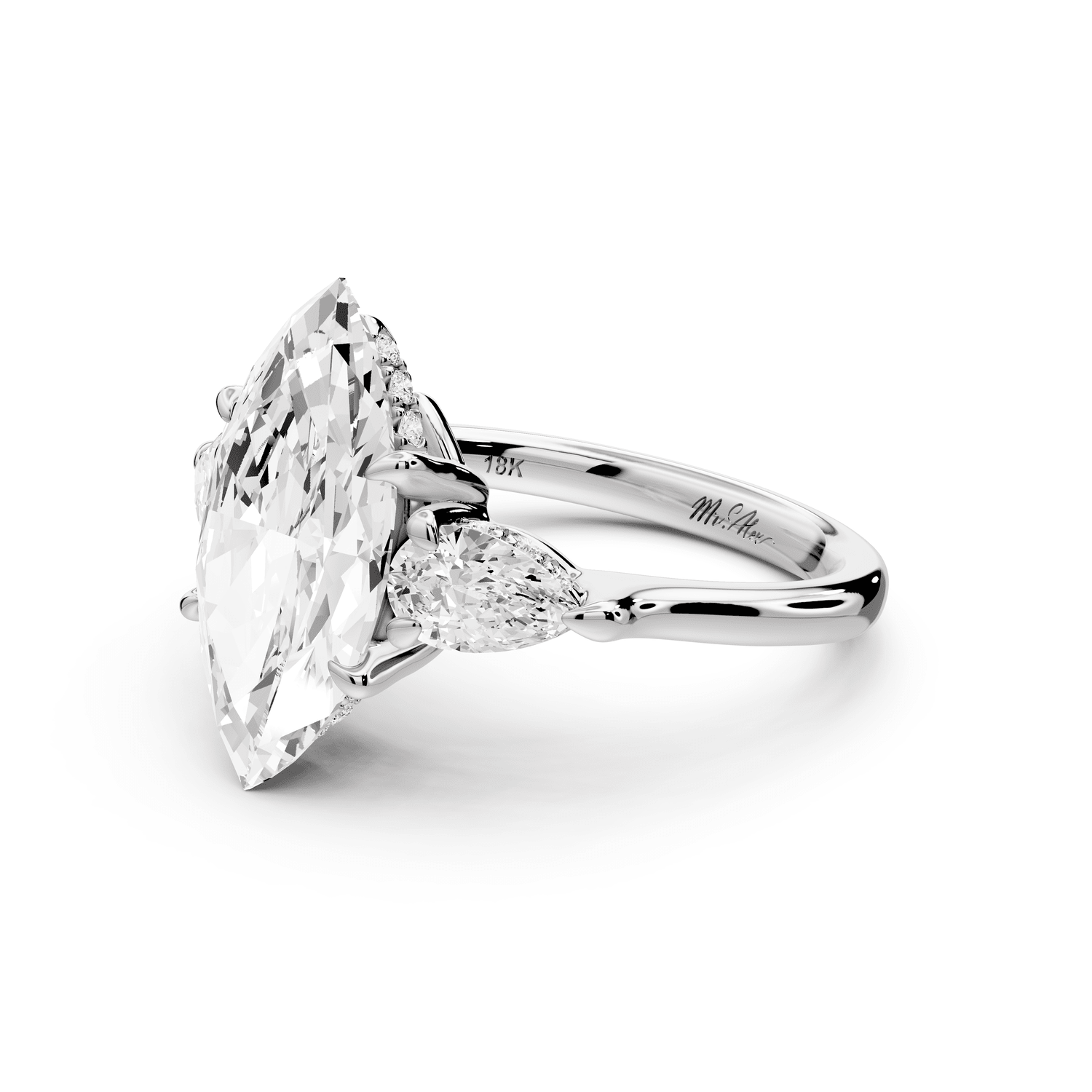 Stella - 3ct 14k white gold Three Stone marquise with pears Hidden Halo Engagement Ring - Mr. Alex Jewelry