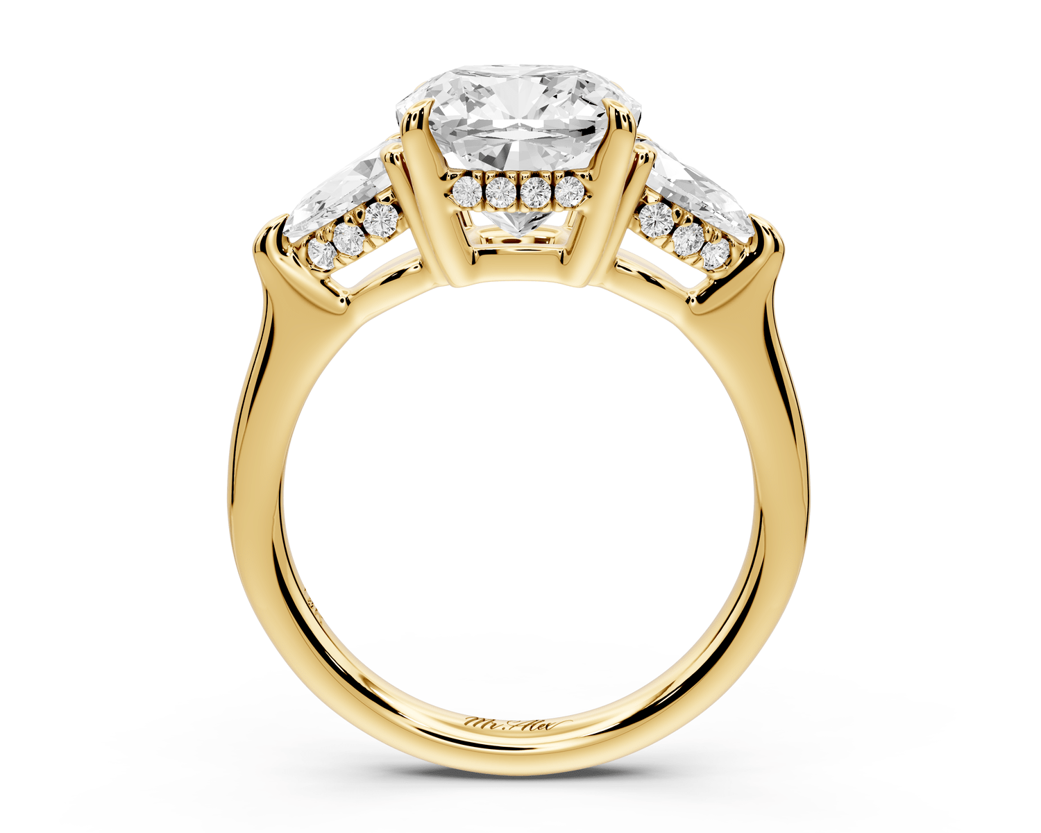 Stella - 3ct 14k yellow gold Three Stone cushion with pears Hidden Halo Engagement Ring - Mr. Alex Jewelry