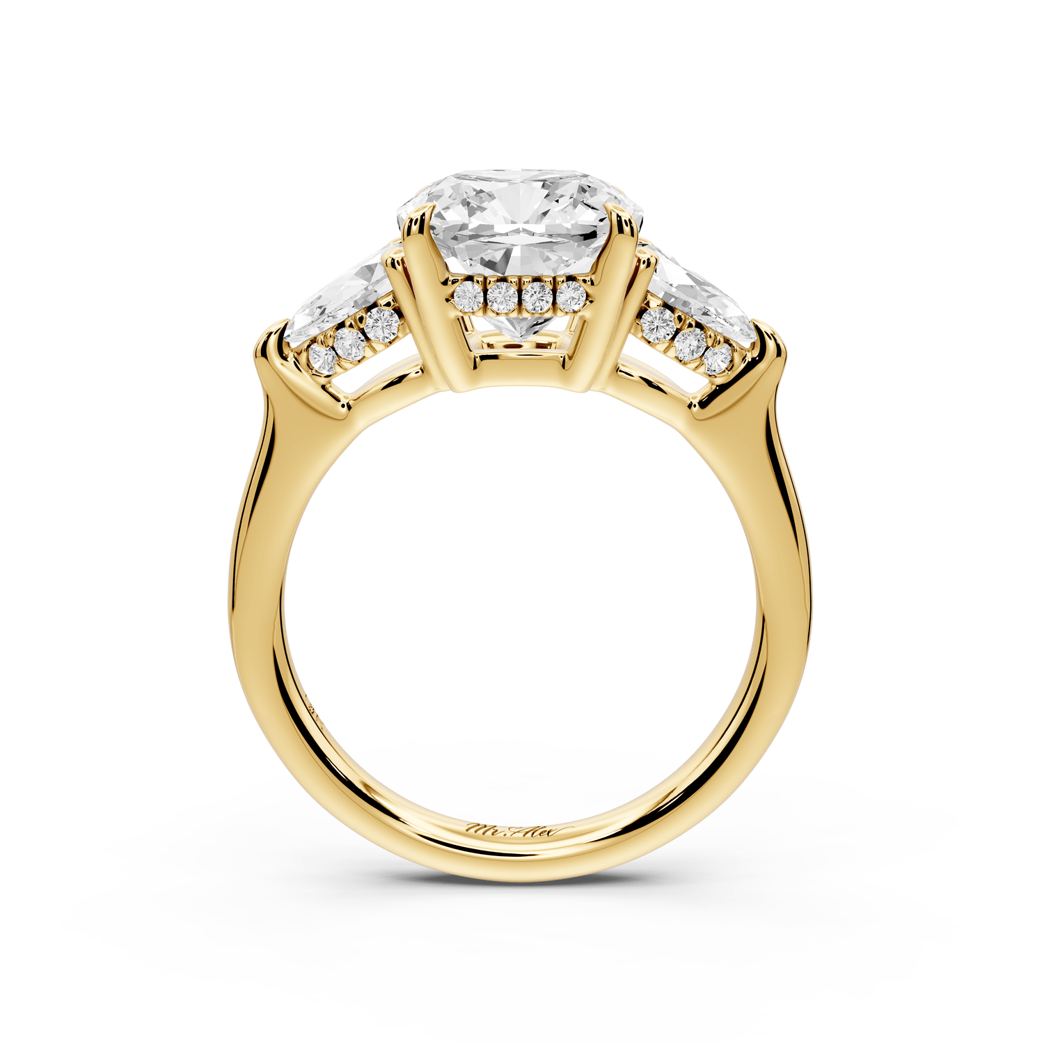 Stella - 3ct 14k yellow gold Three Stone cushion with pears Hidden Halo Engagement Ring - Mr. Alex Jewelry