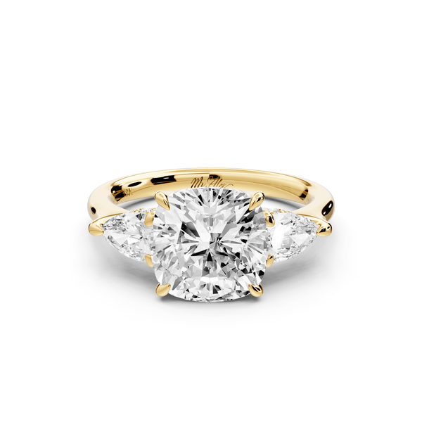 Stella - 3ct 14k yellow gold Three Stone cushion with pears Hidden Halo Engagement Ring - Mr. Alex Jewelry