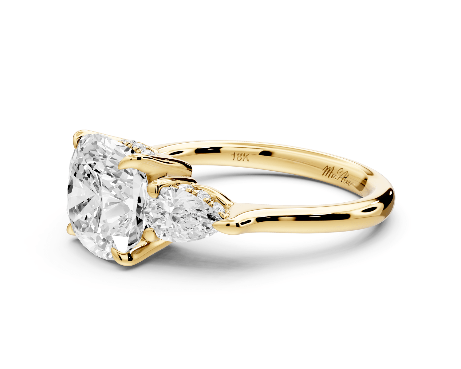 Stella - 3ct 14k yellow gold Three Stone cushion with pears Hidden Halo Engagement Ring - Mr. Alex Jewelry