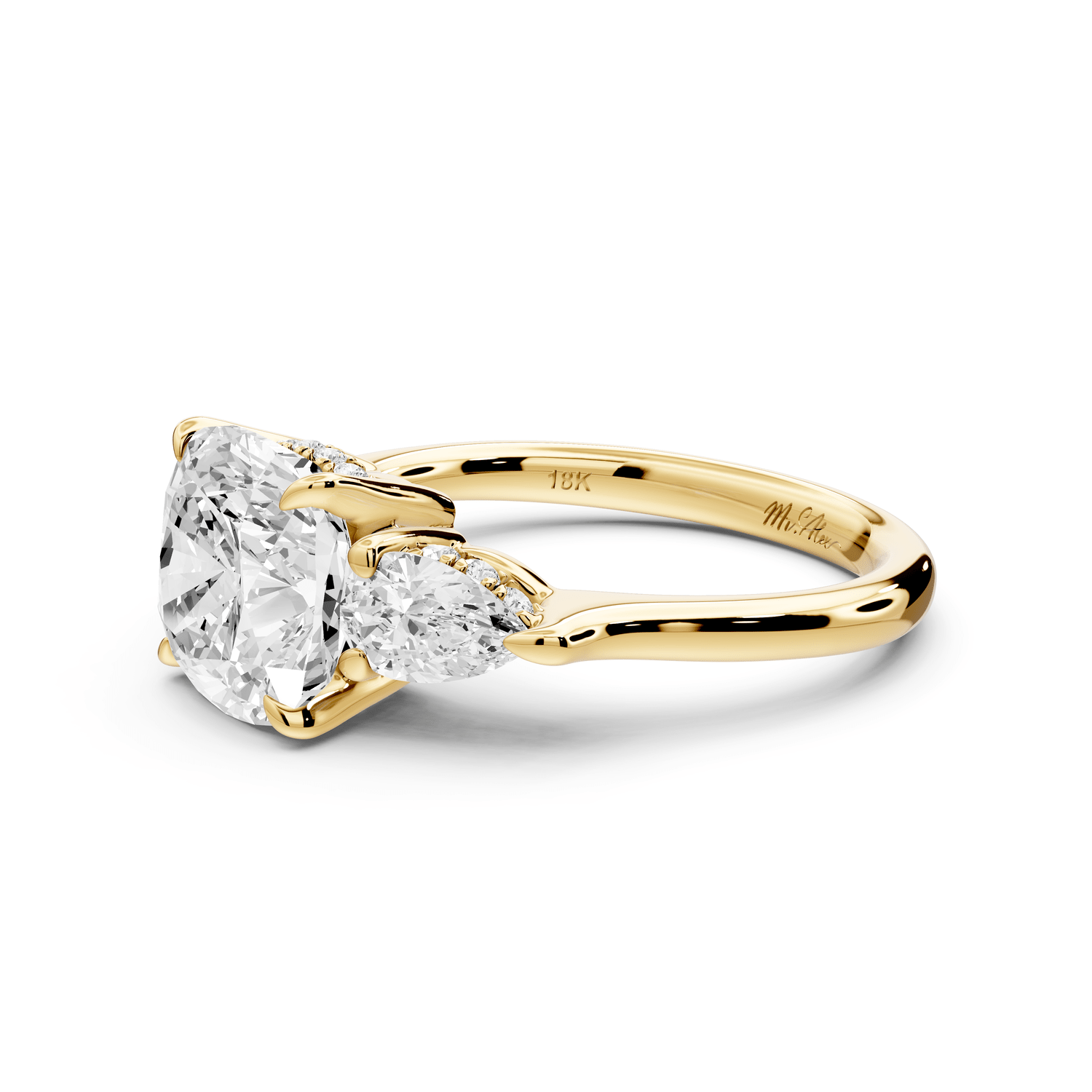 Stella - 3ct 14k yellow gold Three Stone cushion with pears Hidden Halo Engagement Ring - Mr. Alex Jewelry