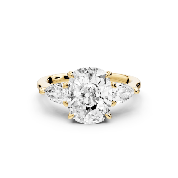 Stella - 3ct 14k yellow gold Three Stone ecushion with pears Hidden Halo Engagement Ring - Mr. Alex Jewelry