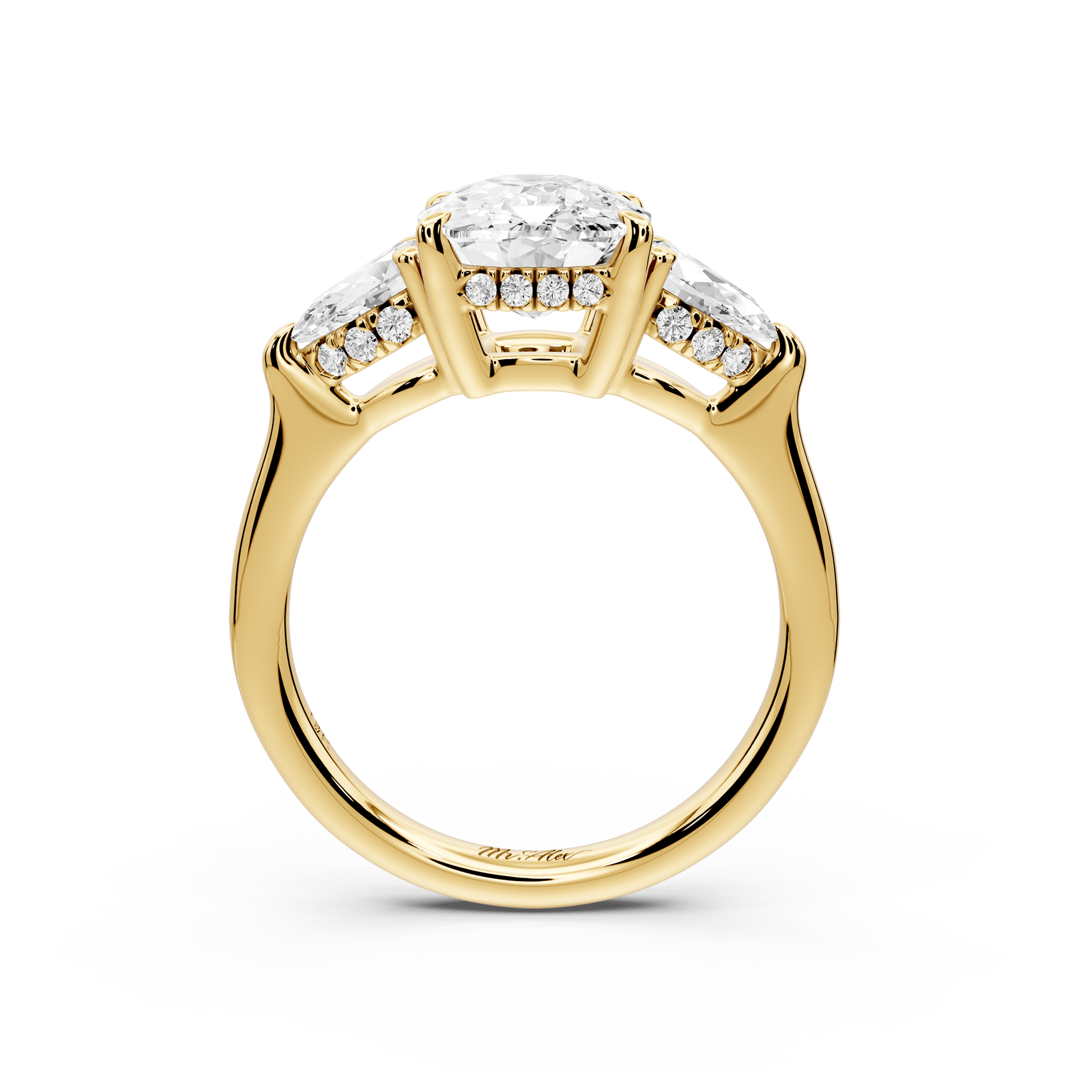 Stella - 3ct 14k yellow gold Three Stone ecushion with pears Hidden Halo Engagement Ring - Mr. Alex Jewelry
