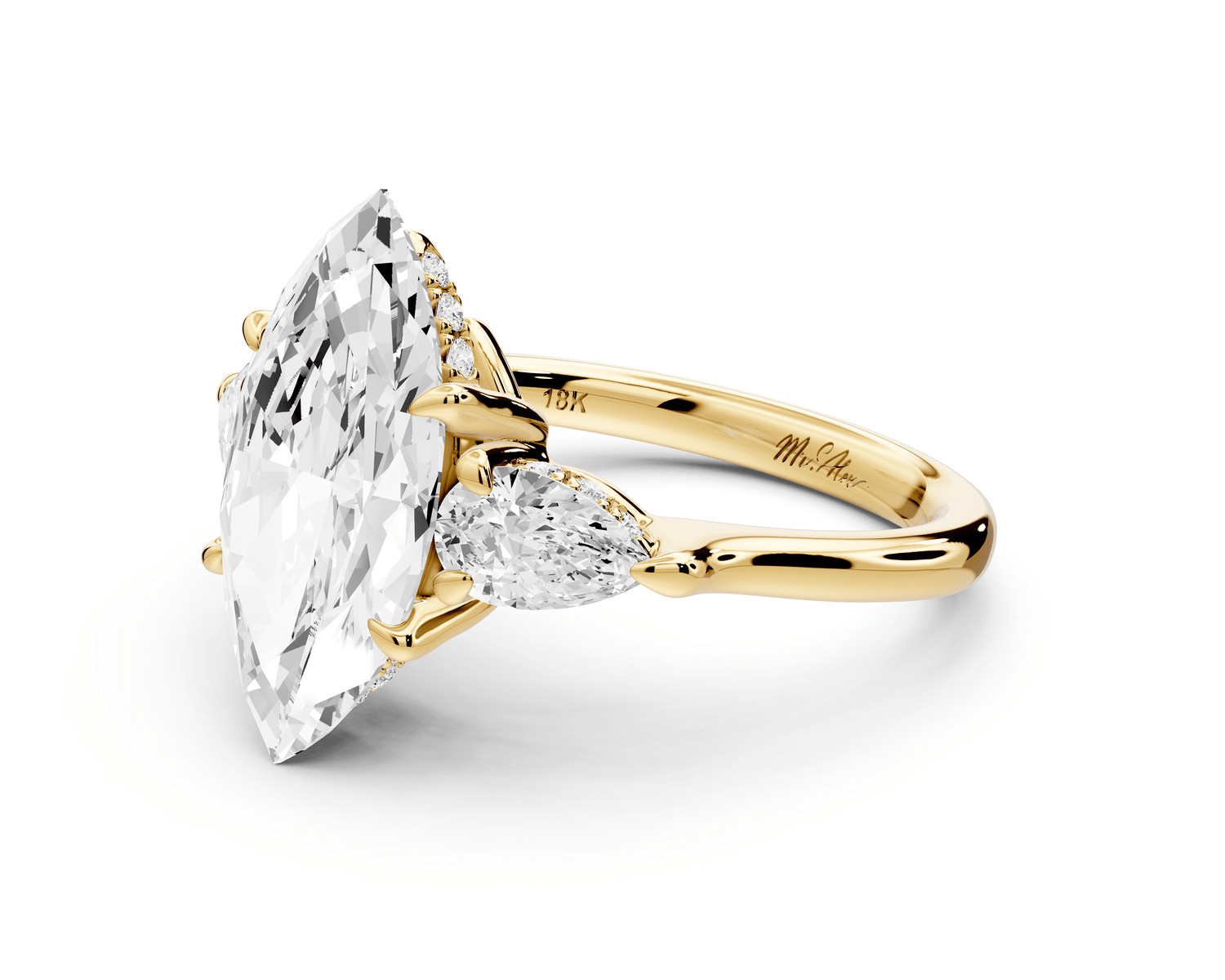 Stella - 3ct 14k yellow gold Three Stone marquise with pears Hidden Halo Engagement Ring - Mr. Alex Jewelry