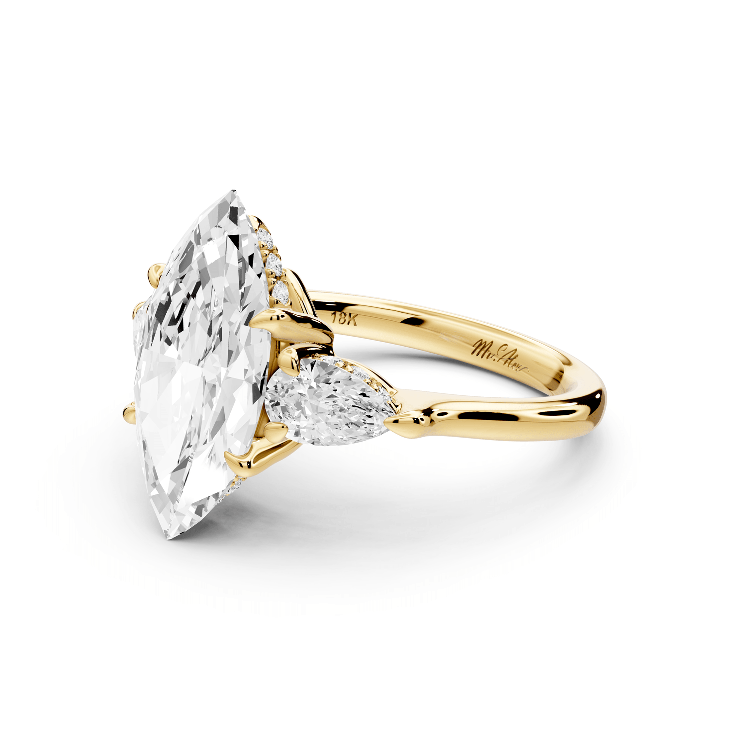 Stella - 3ct 14k yellow gold Three Stone marquise with pears Hidden Halo Engagement Ring - Mr. Alex Jewelry